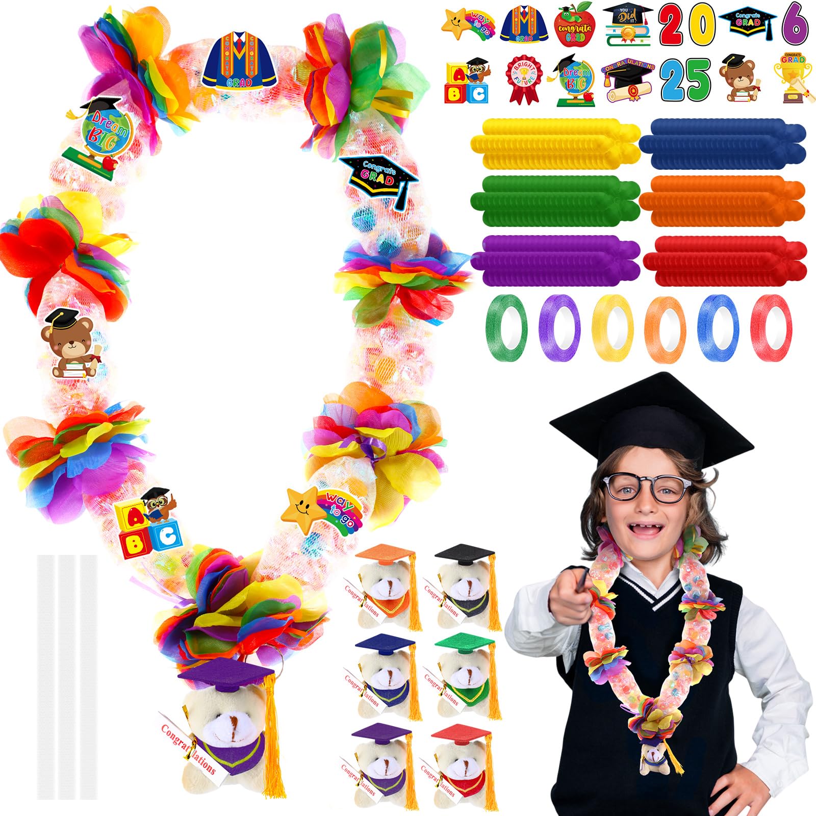 Kosiz 6 Sets 2025 Graduation Lei Making Kit Candy Lei Tubing Kit 6 Pcs Mesh Bag 6 Rolls of 33 ft Ribbon 144 Pcs Flower Pieces 42 Card 6 Bear Bulk