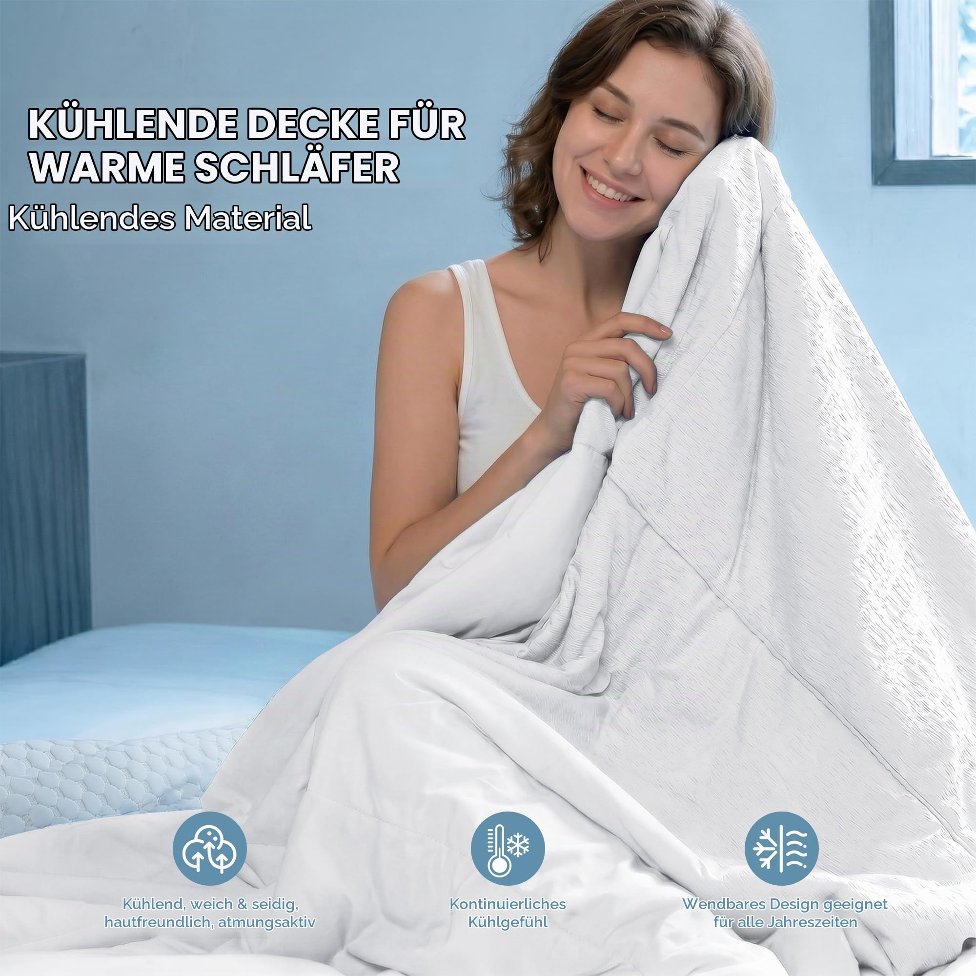 UNIKOME Kühldecke Doppelseitig - Wendbare Sommerdecke aus Bubble Sherpa & Ice Silk, Leicht und Atmungsaktiv für Hitze- und Schweißgeplagte, Ideal für Klimaanlagen, 150 x 200 cm, Weiß