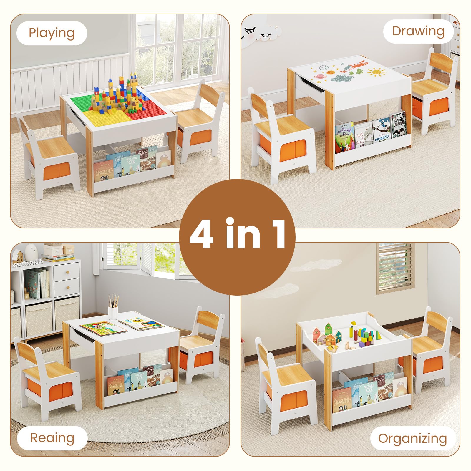 INFANS Kids Table and Chair Set, 4 in 1 Building Block Wooden Activity Desk with Reversible Tabletop Storage Drawers Bookshelves for Toddlers Art Craft Learning Reading Drawing Playroom (Natural)