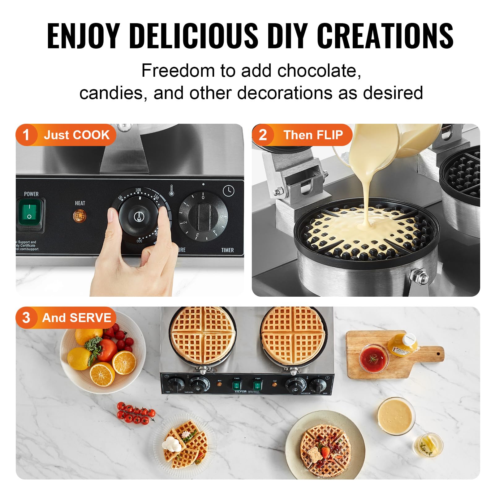 VEVOR Gaufrier Commercial 2460 W, Appareil à Gaufre Ronde à Double Tête, en Acier Inoxydable, Antiadhésif, avec Contrôle de la Température et du Temps, pour Restaurant Boulangerie Snack Bar Famille