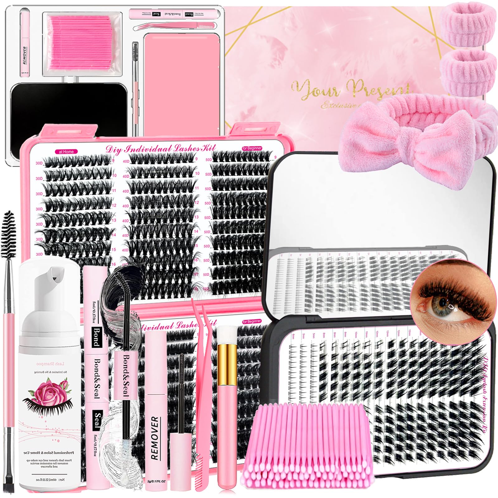 QUKLOGEN DIY Lash Extension Kit 842Pcs with Bottom Lashes Lash Bond and Seal,Quick Glue Remover Lash Shampoo Cleansing Brush Headband Wristband