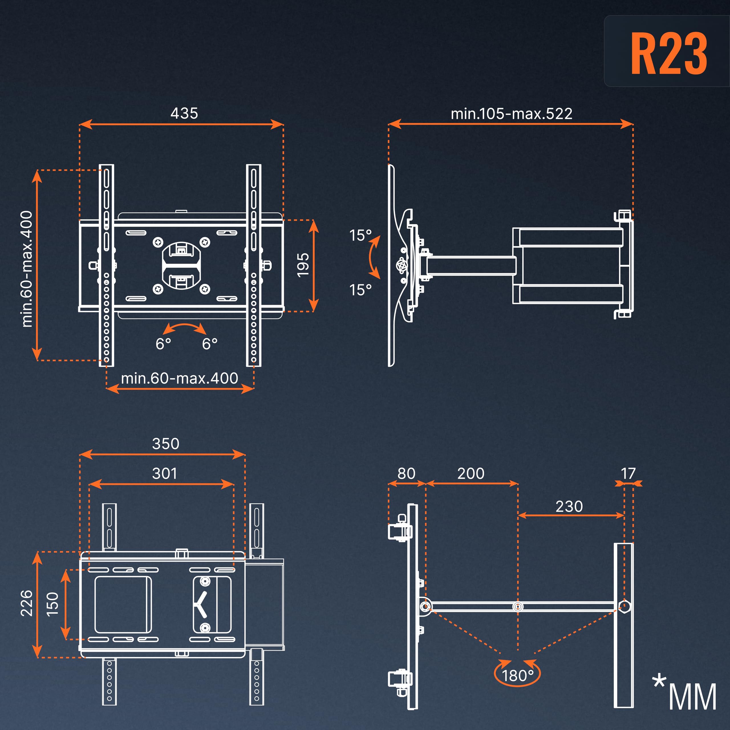 RICOO R23-S Supporto TV da parete Staffa TV 40-75 pollici per 40 42 43 48 49 50 52 55 58 60 65 70 75 pollici girevole inclinabile fino a 95 kg max VESA 400x400