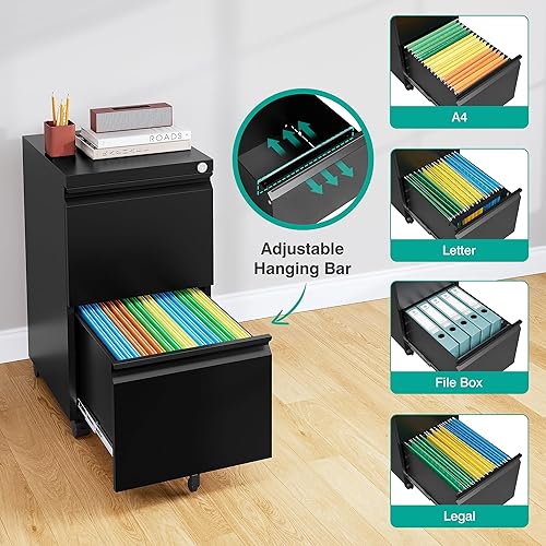 Miniatura 5 de SISESOL - Archivador de 2 cajones con cerradura sobre ruedas, metal, negro, cabe debajo del escritorio, para oficina en casa, apto para A4, carta y