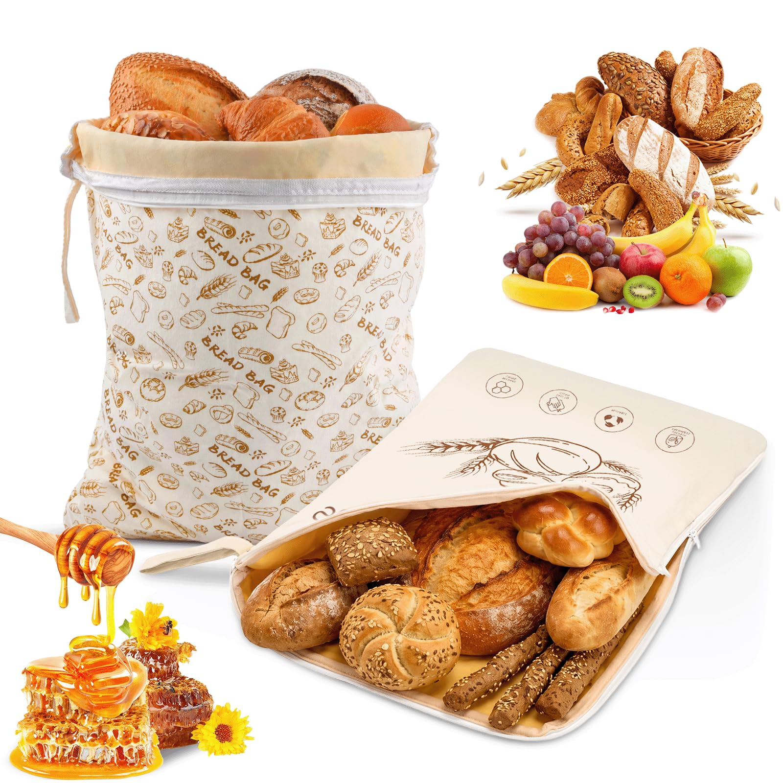 2 pezzi Sacchetto pane cera d'api,43×33 cm Tela cerata per pane,Sacchetti cera d'api per alimenti,con chiusura con fibbia/cerniera,per lievito madre e prodotti da forno (Zip A)