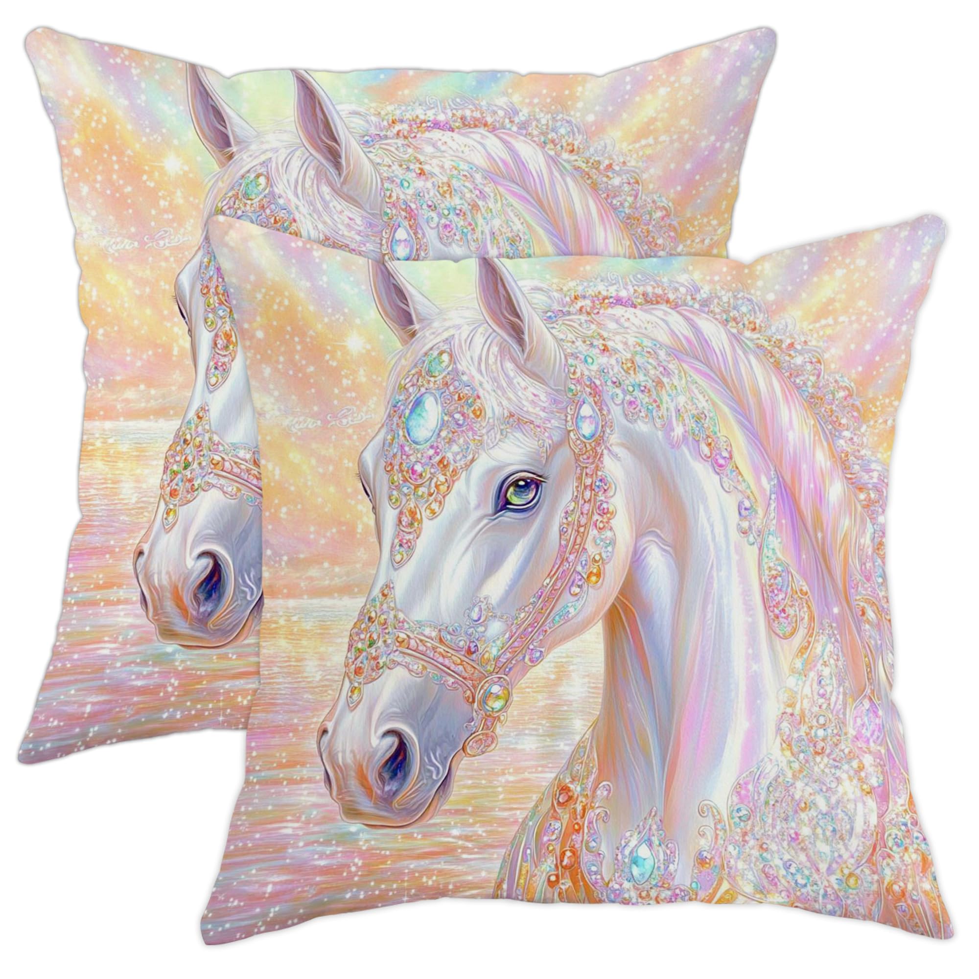 Magical Magical Horse Throw Pillow Covers Set of 2, Pastel Color Fantasy Horse Cushion Cases, Dreamy Decorative Square Sofa Pillow Covers for Kids Room Bedroom 20x20 Inch
