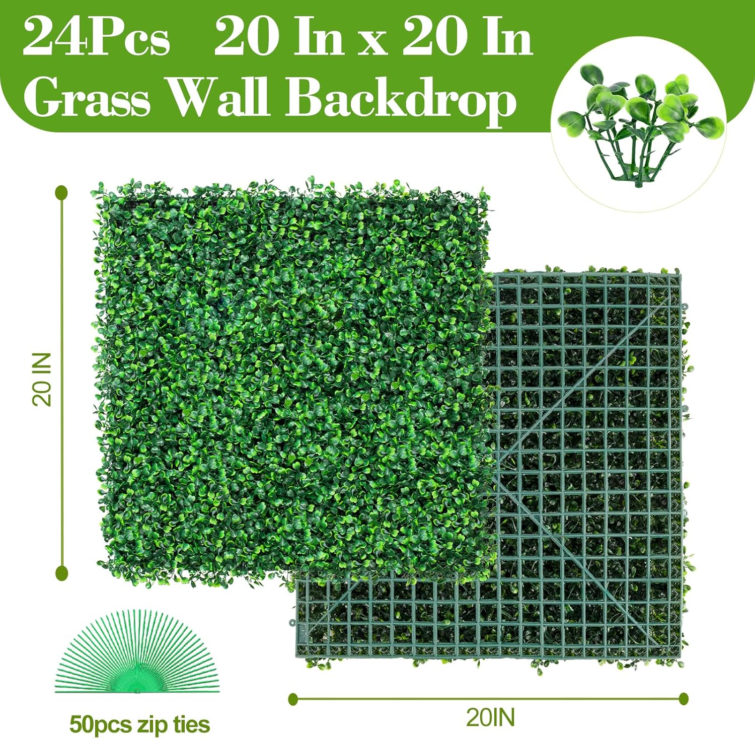 grass wall panels 20" x 20" (24pcs) greenery backdrop, artificial green grass backdrop boxwood panels, greenery wall decor indoor, privacy hedge screen for outdoor garden, patio decor 20x20inch-24pcs