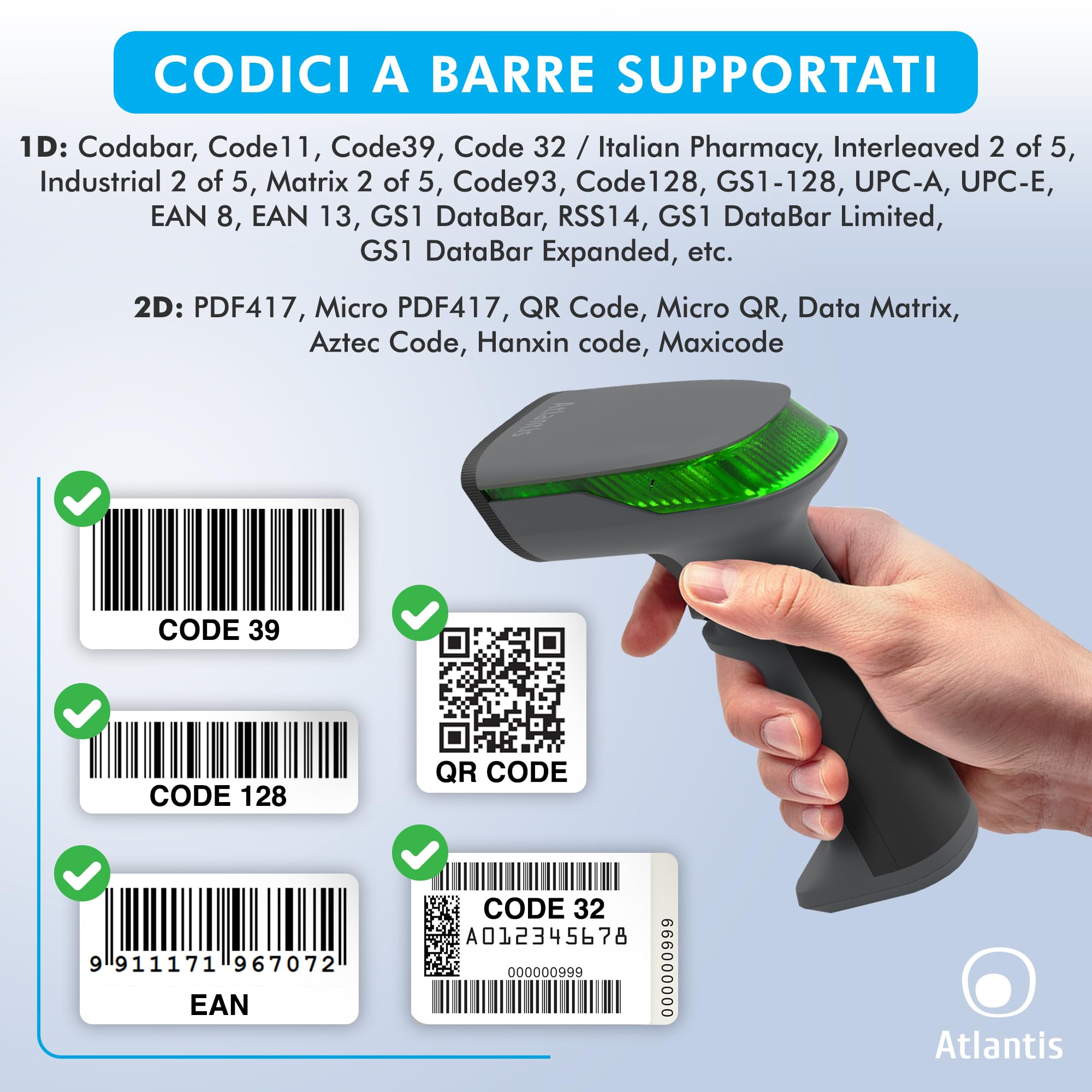 Atlantis A08-LD230P-2D-W Lettore Codici a Barre Barcode reader scanner Wireless 1D e 2D Ottico Prof (640x480), 60 fps, legge da smartphone e display, codice farmaceutico, collegamento USB,guida rapida