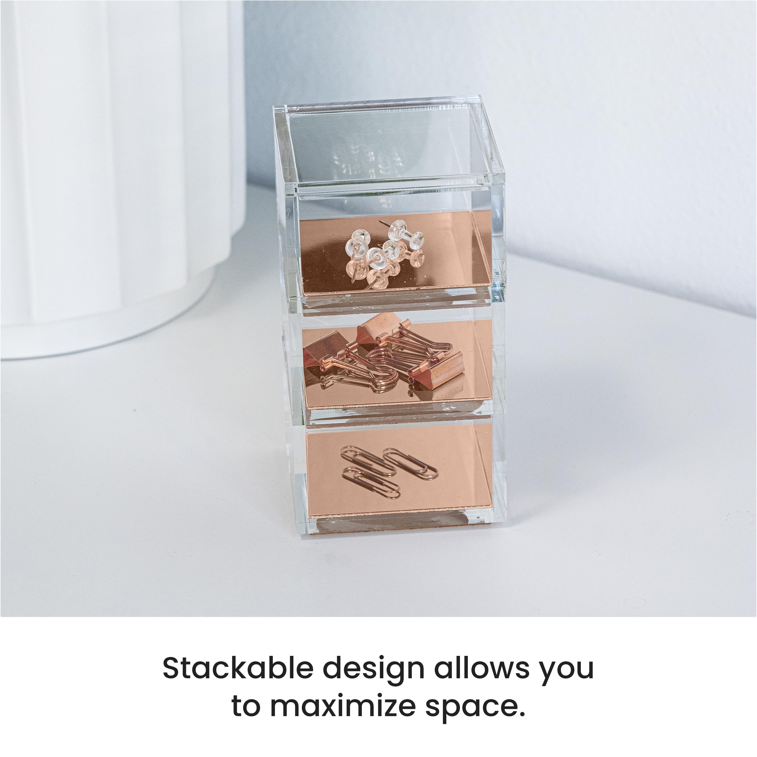 OfficeGoods Organizador acrílico apilable de 3 niveles con base de oro rosa, organizador de escritorio funcional y elegante para oficina o hogar, ayuda a mantener todos tus pequeños bits juntos, oro