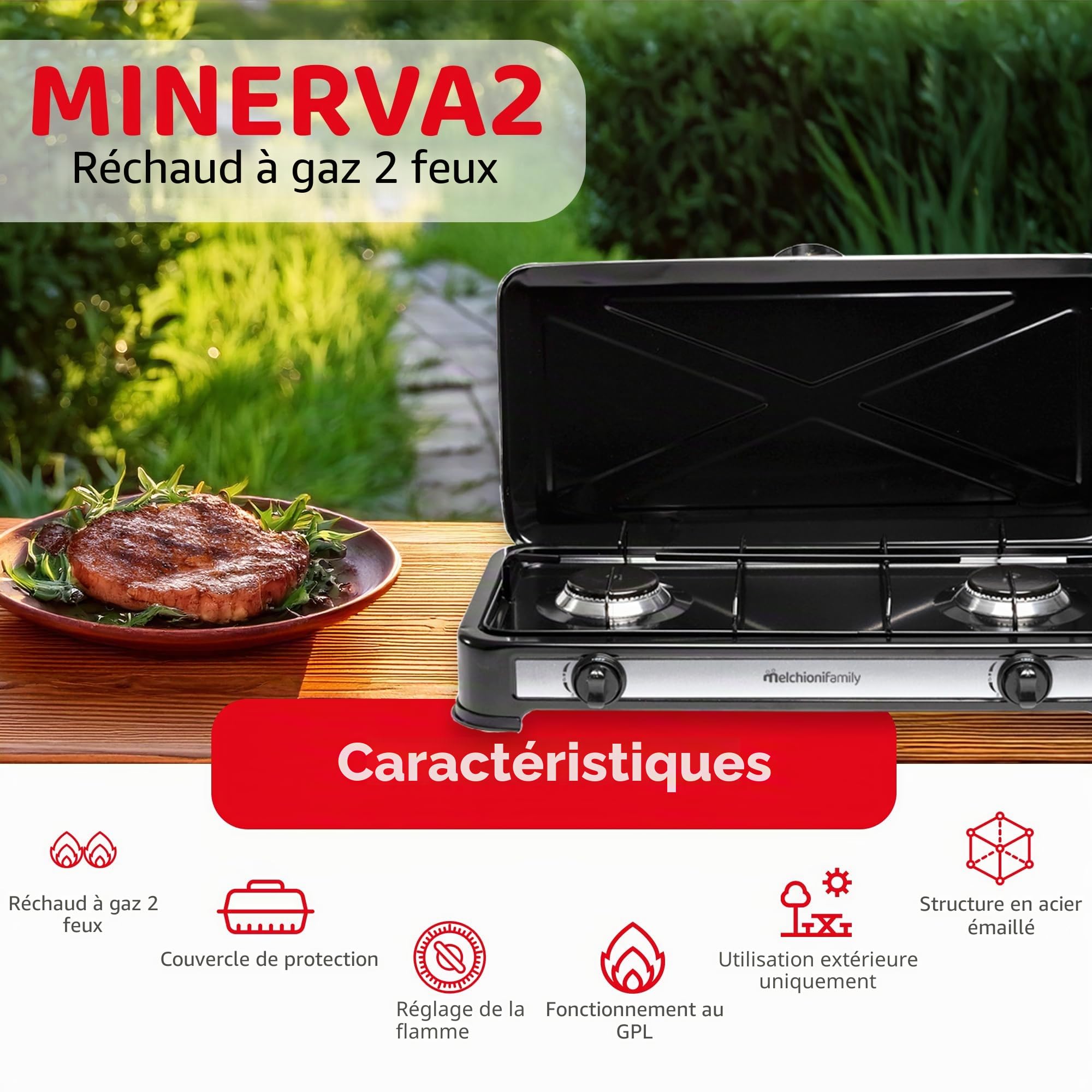 Melchioni Family | Réchaud à Gaz 2 Feux Noir MINERVA 2 – Compact, Puissant et Parfait pour le Camping et l’Outdoor