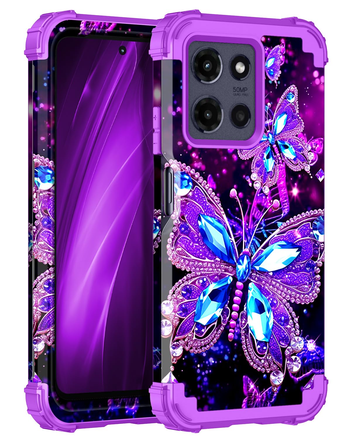 Miqala for Moto G Power 2025 Case,Moto G Play 2025 Case,Glow in The Dark Three Layer Heavy Duty Shockproof Full Body Protection Hard Plastic Bumper+