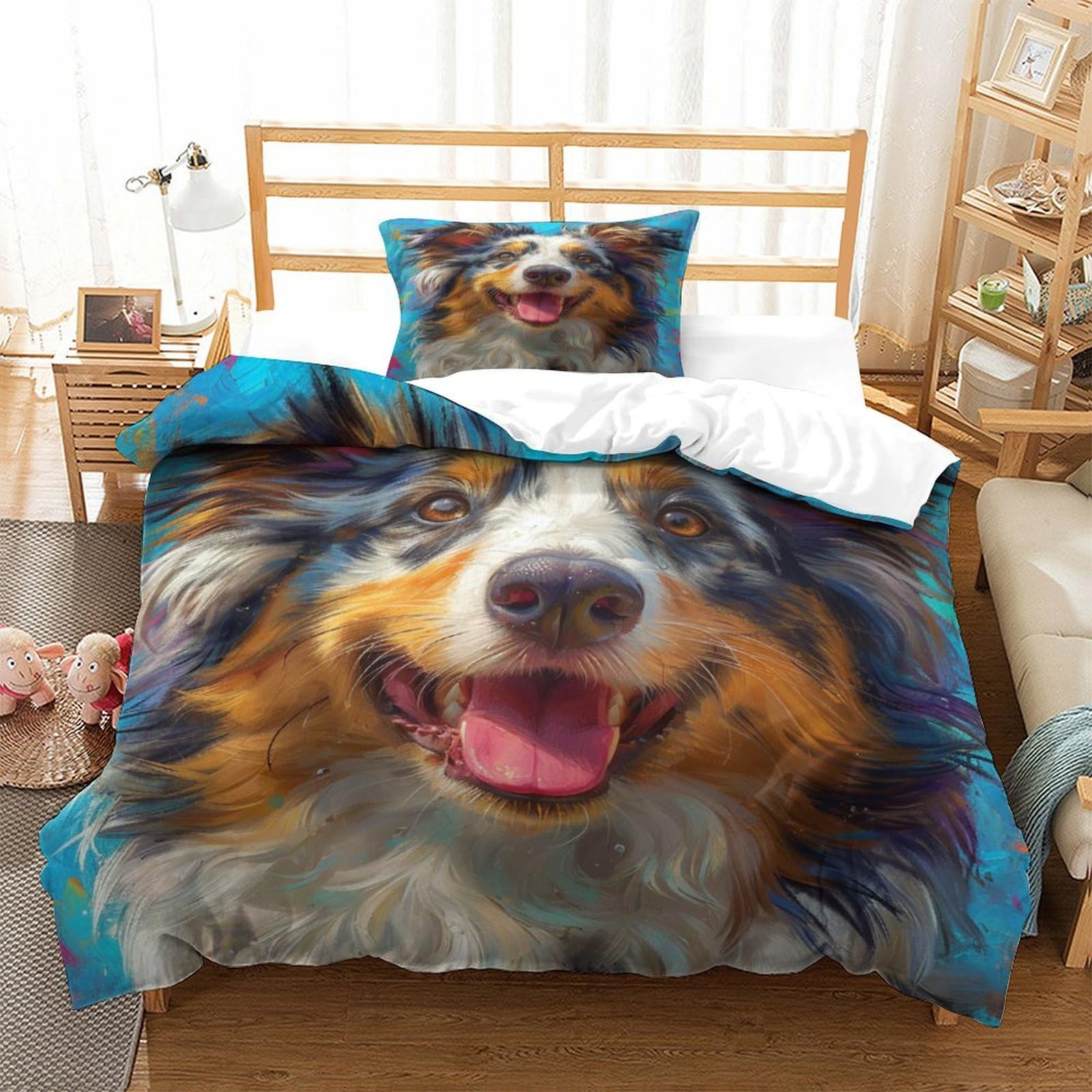 P1S9U7W5Y Adorable Dog 3D Printed 3 Piece Microfiber Duvet Cover Set Bedroom Decor Animal Bedding Set for Adults Teens Soft Breathable Skin-Friendly Single（135x200cm）