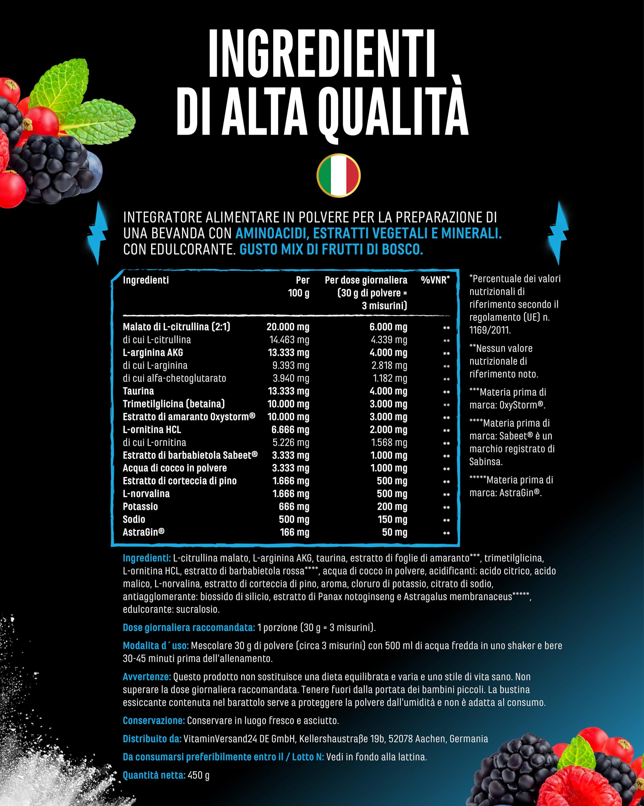 Pump it to the Limit - Pump Booster Senza Caffeina - Con OxyStorm®, Sabeet®, AstraGin®, Citrullina Malato e AAKG - Pre Workout Senza Stimolanti per il Massimo Pump - 450 g Wildberry