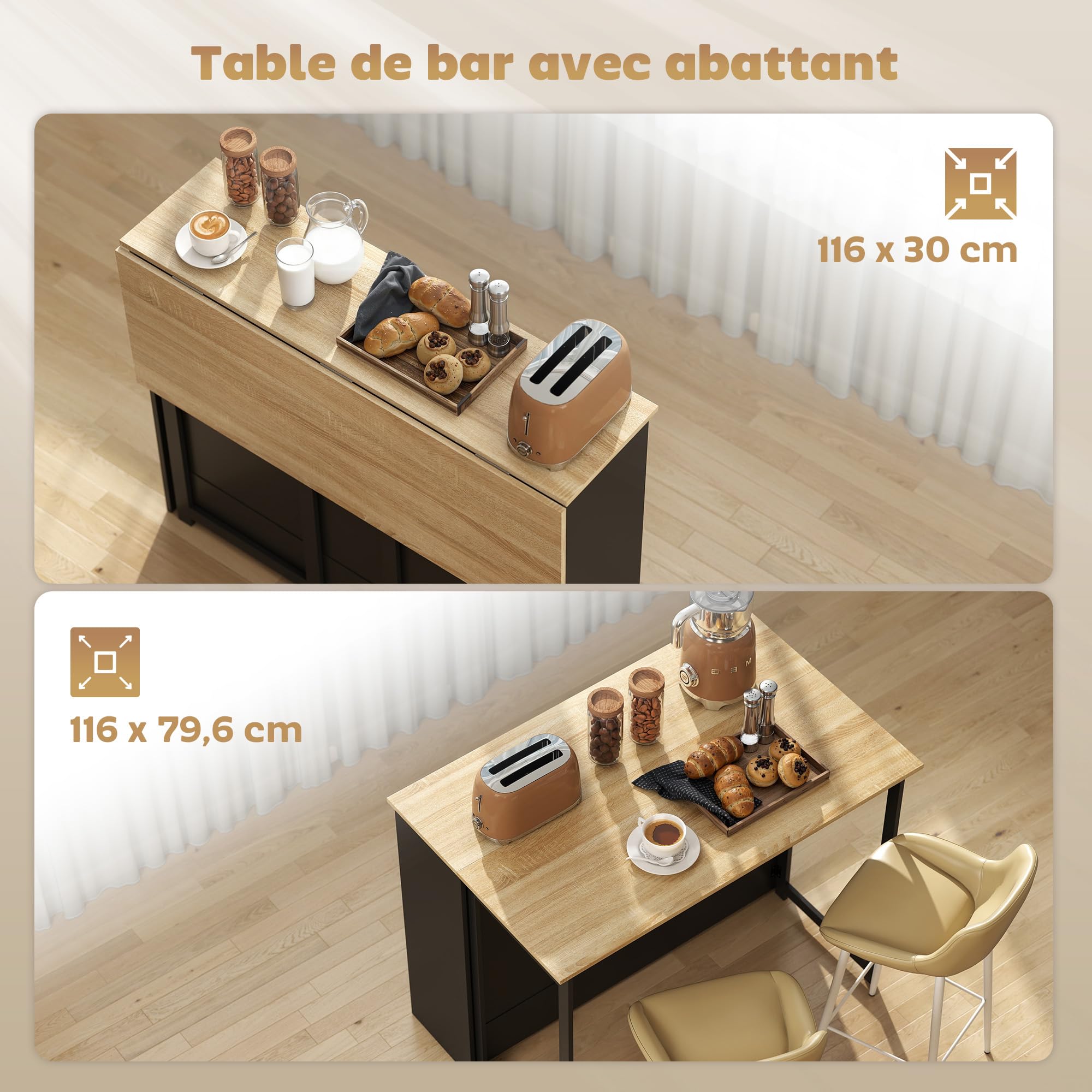 HOMCOM Table de Bar Extensible avec abattant, Table Haute Cuisine, 1 Placard à Porte et 4 Compartiments Ouverts, Style Moderne, pour Petits espaces, Salle à Manger, Salon, 116 x 79,6 x 90,5 cm, Noir