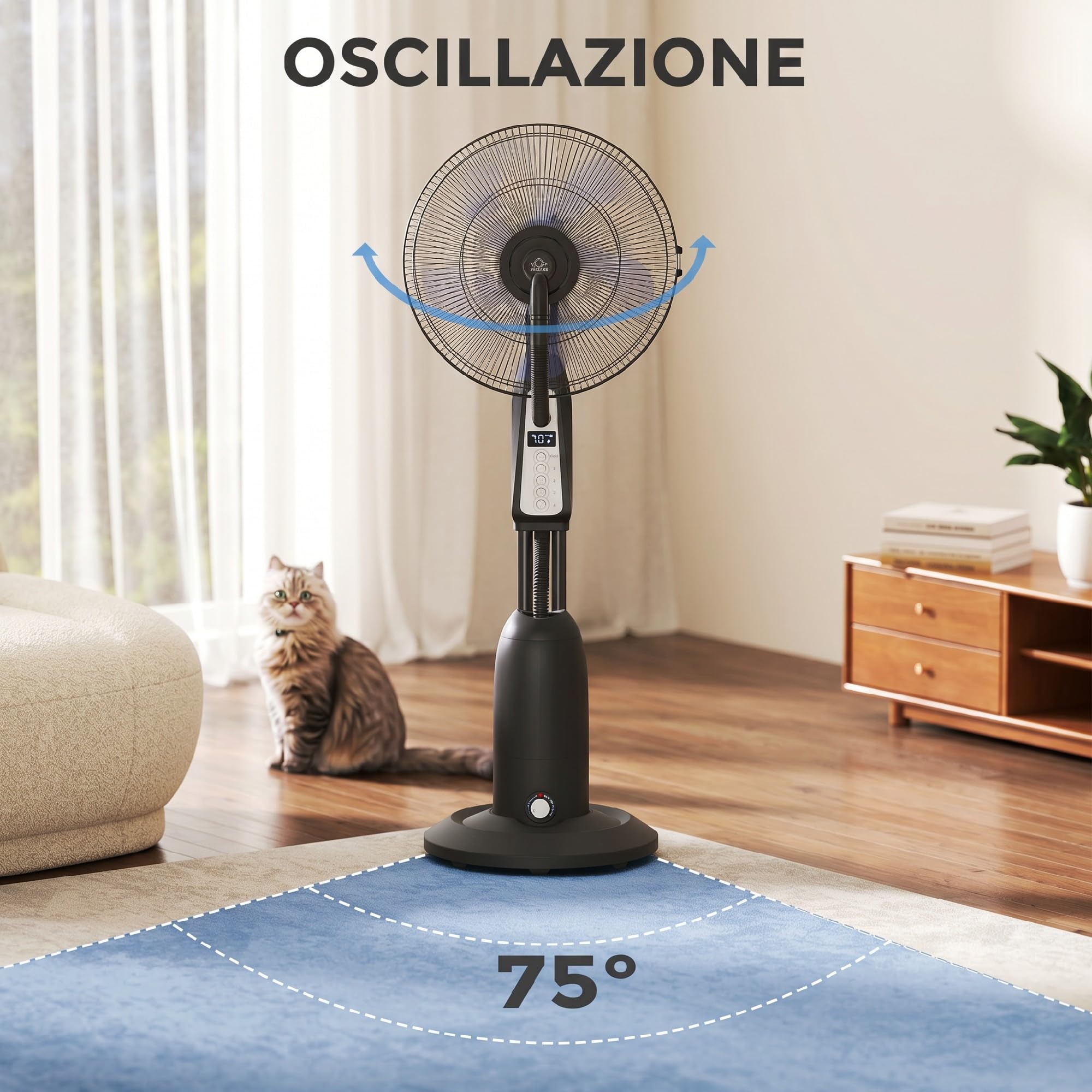 HOMCOM Ventilatore Nebulizzatore con Serbatoio da 3L 50 cm 125 cm Nero | 3 Velocità, Oscillazione 75°, Ventilatore a Piantana, Nebulizzazione Regolabile, Ruote, 90W