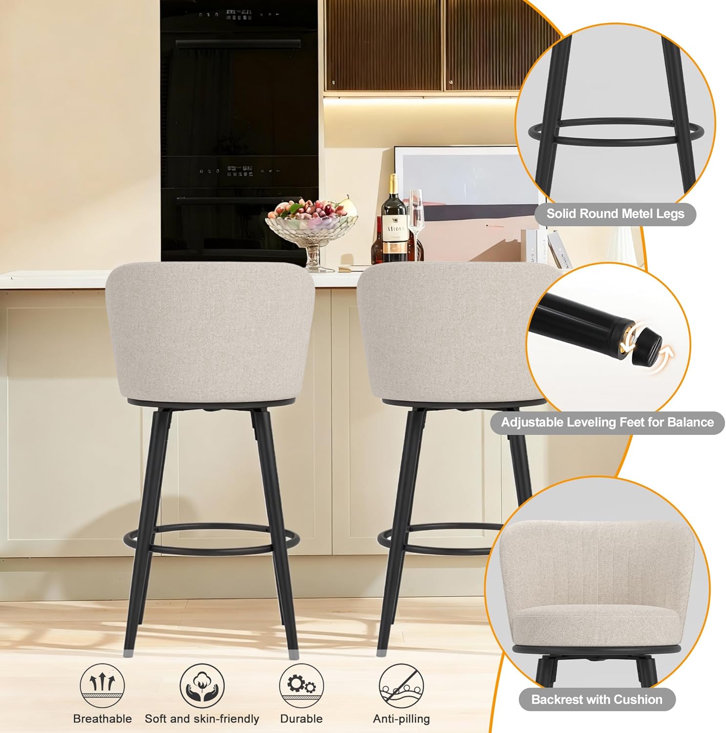 Swivel Bar Stools Set of 2, 28" Counter Height Bar Stools with Metal Legs and Back, Modern Ergonomic Design Upholstered Counter Stools for Kitchen Island, Bar, Cafe,Restaurant