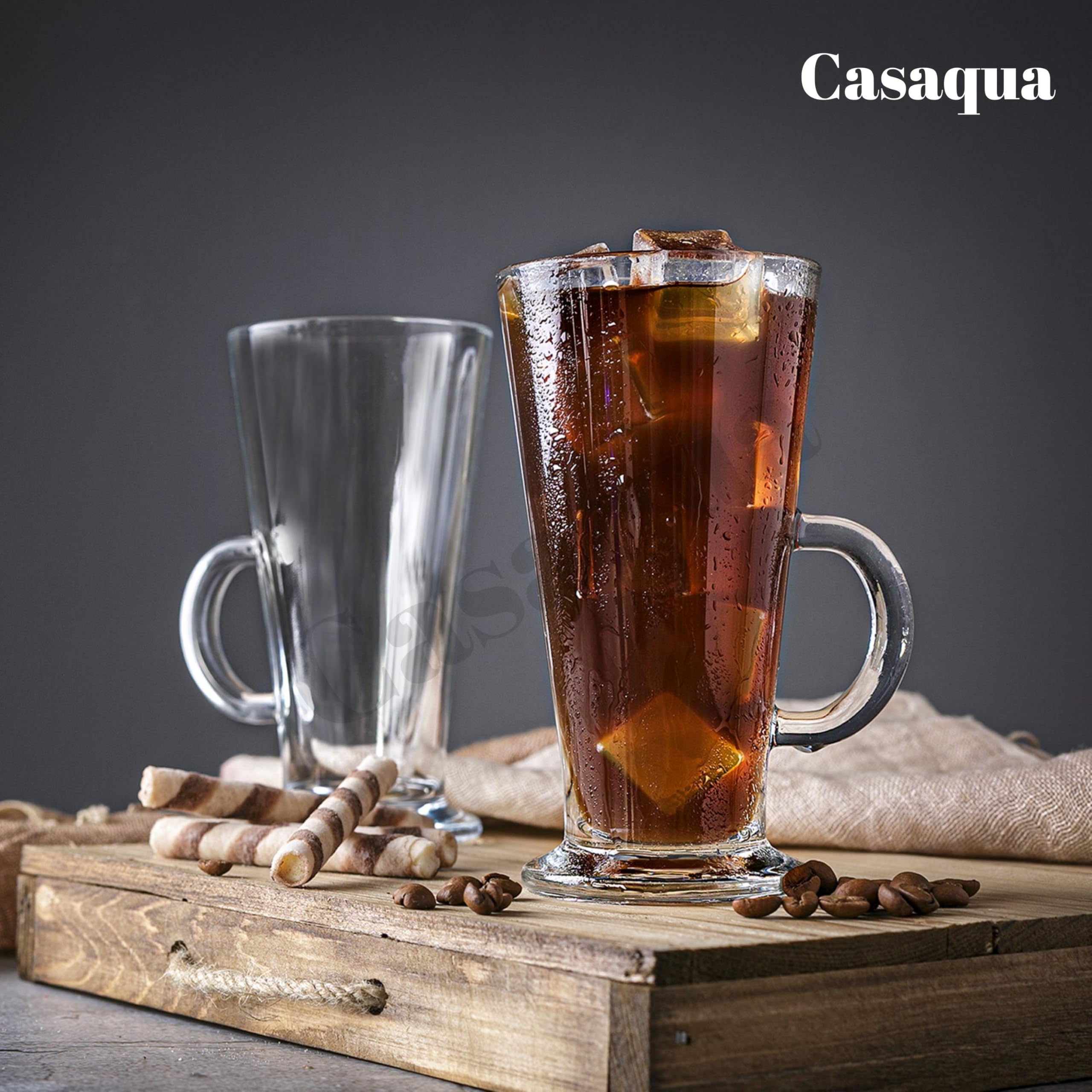 CASAQUA Tall Glass Coffee Mugs - 270ml Set of 2, Clear Glass Latte Cups with Handle, Heat Resistant Tea & Coffee Mug for Cappuccino, Espresso, Hot Chocolate, Milk & Beverages 1