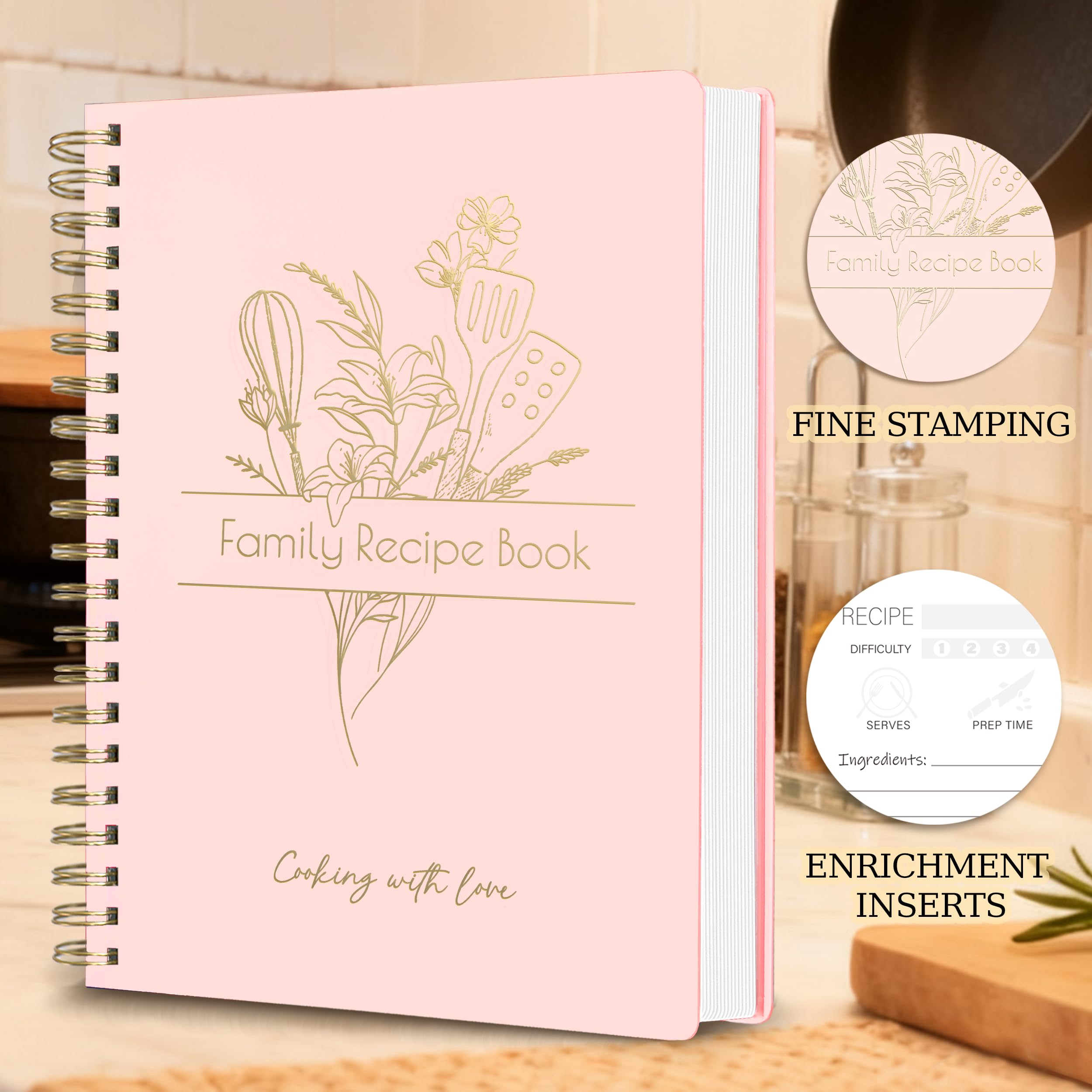 Libro de recetas para escribir en tus propias recetas, libro de cocina en espiral en blanco, 150 páginas con capacidad para 144 recetas, elegante diario de recetas grande, tapa impermeable, diseño
