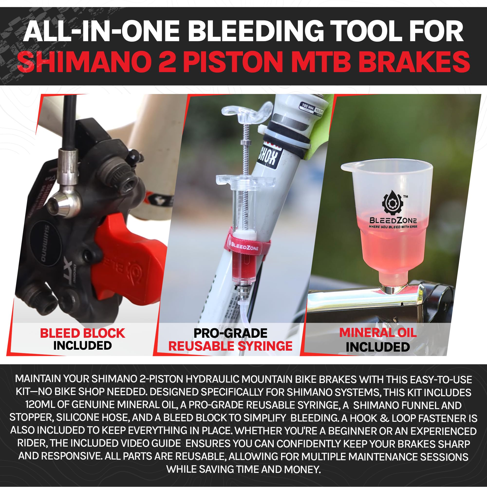 BleedZone Zestaw do odpowietrzania hamulców kompatybilny z Shimano MTB ze strzykawką Pro i olejem mineralnym 120 ml
