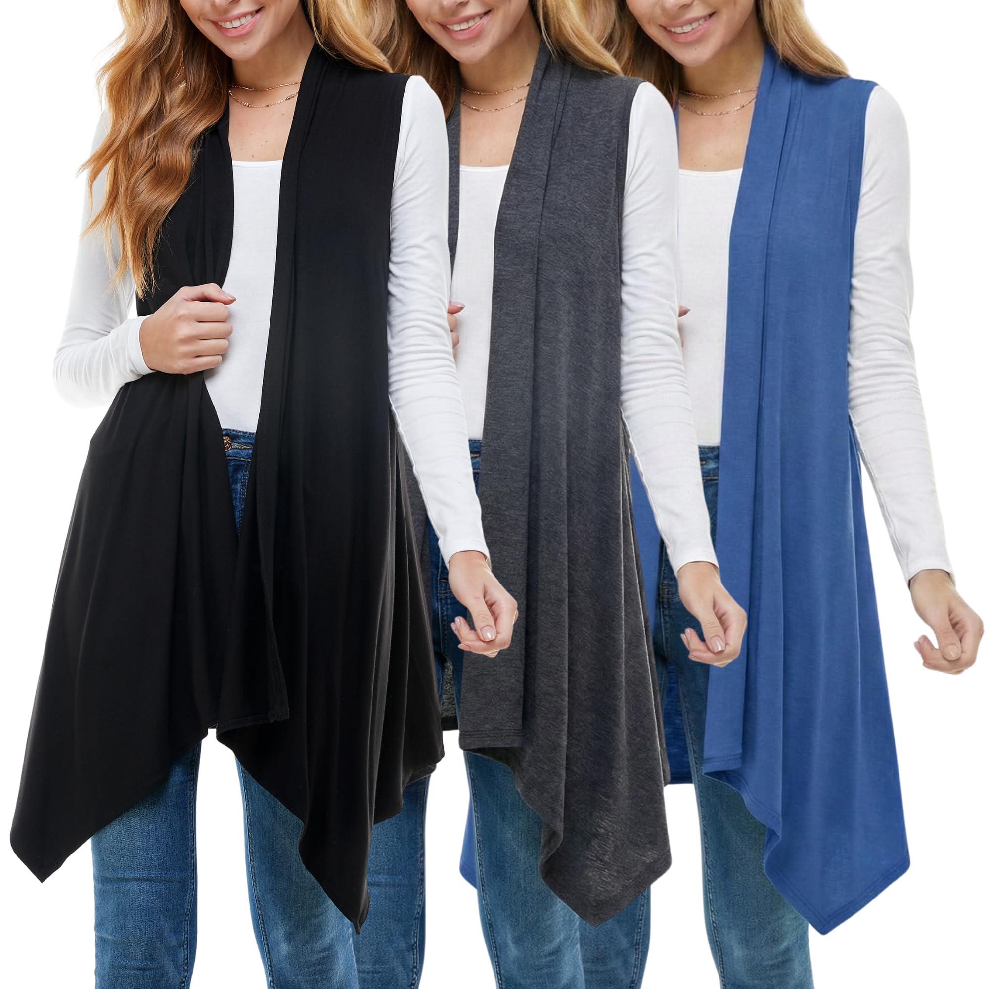 Azules Sleeveless Cardigan for Women, Soft Lightweight Duster Open Front Sleeveless Long Cardigan Vest (3 Pack)