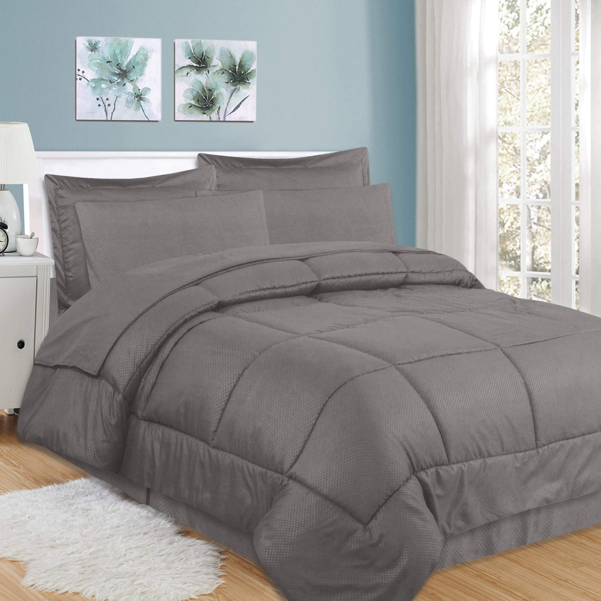 8Pcs 100 Cotton 500 GSM 8Pc Included-1Comforter 1Fitted Sheet 14DP 1Flat Sheet 2Pillow Shams 2Pillow Cases 1Pleated Bed