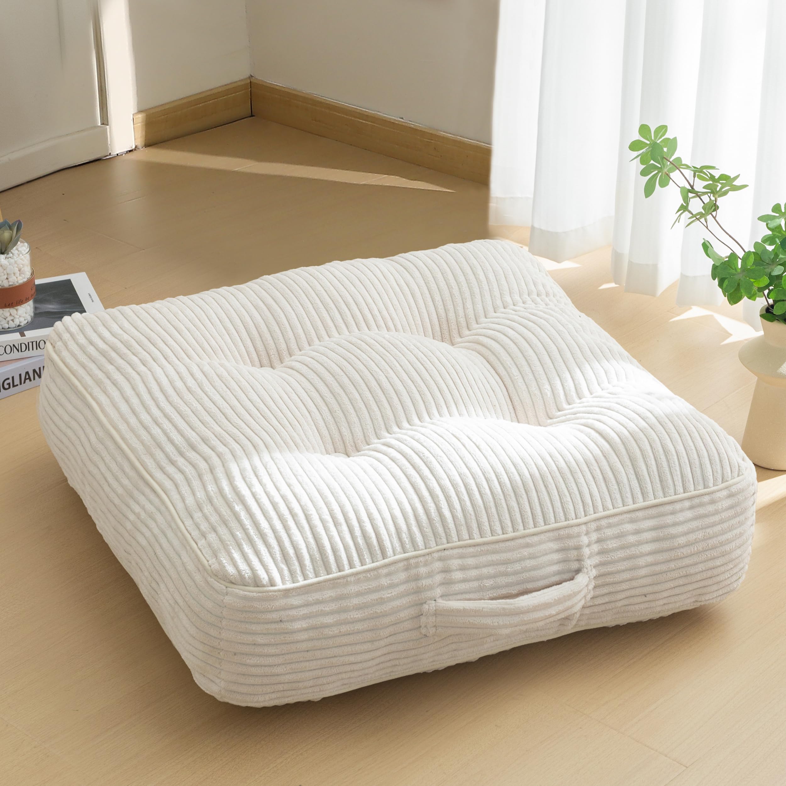 HIGOGOGO 6" Extra Thick Floor Pillow Cushion for Adults, Meditation Cushion Pillow, Large Square Floor Sitting, Tufted Corduroy Cover, for Tatami Living Room or Yoga, Beige