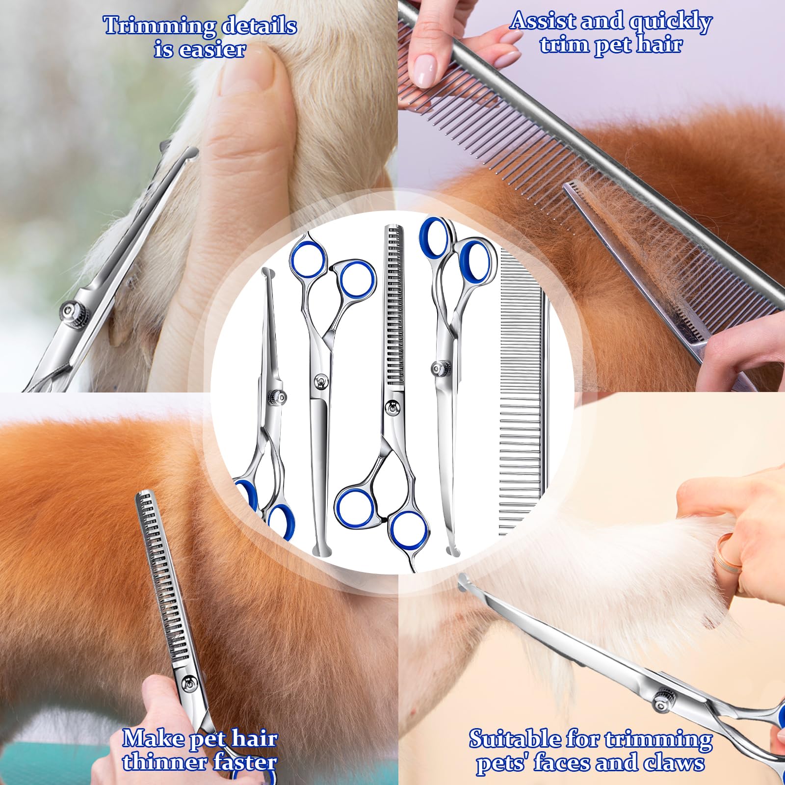 Ciseaux de Toilettage pour Chiens, Acier Inoxydable avec Pointe Ronde de Sécurité, y Ciseaux à Effiler Chien, Ciseaux Courbes Chien, Ciseaux Droits, Peigne, pour Chiens Chats