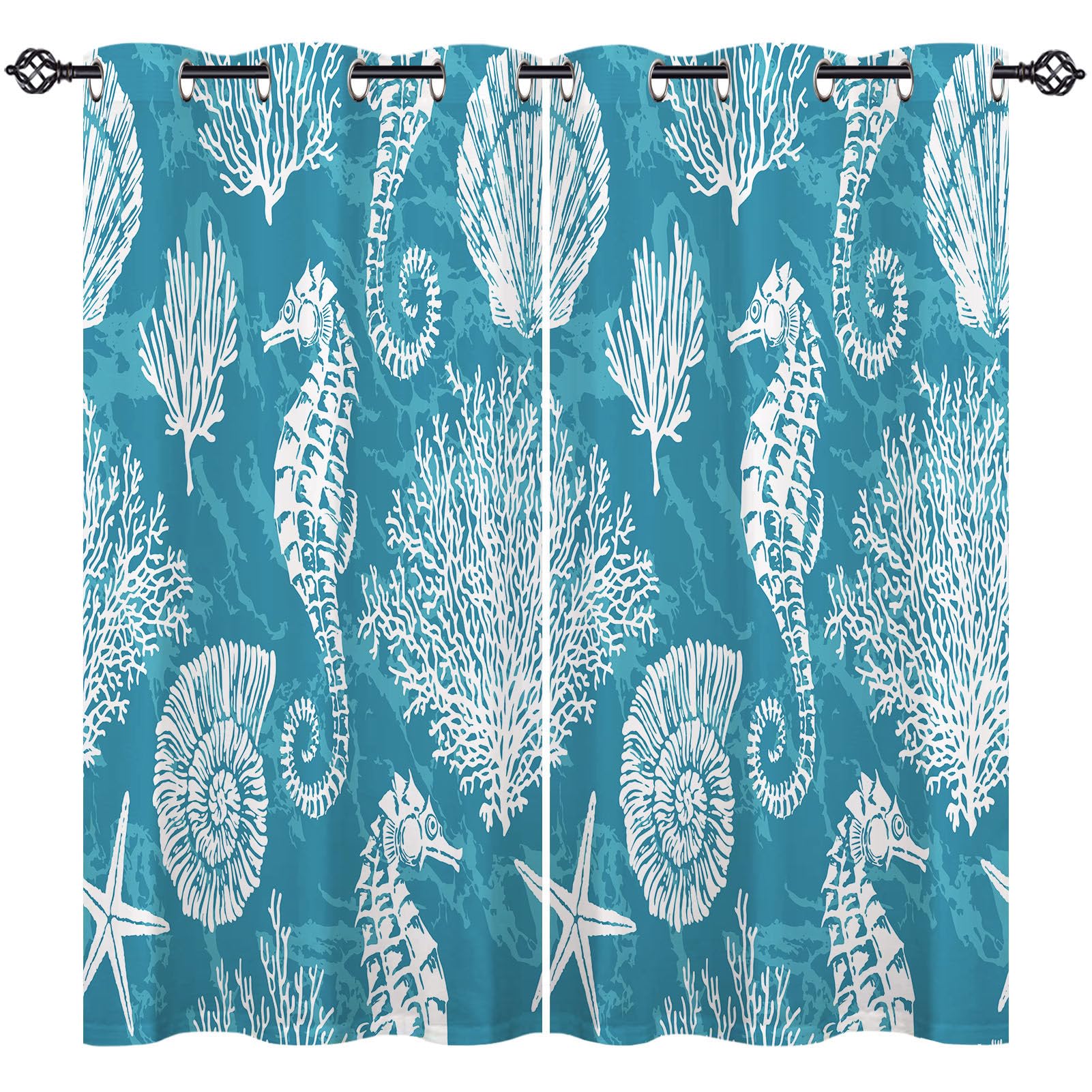 ANHOPE Seahorse Curtains Eyelet Blackout Thermal Insulated Curtains Ocean Sea Shell Stars Coral Print Pattern Soft Soundproof Privacy Window Drapes for Bedroom Living Room 55 x 69 Inch 2 Panels — image 1