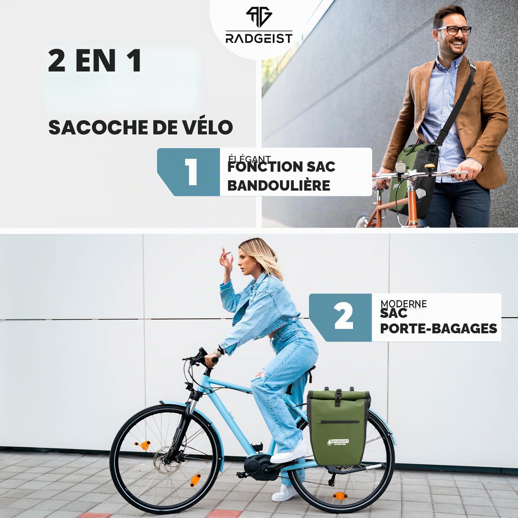 RADGEIST Lot de 2 sacoches de vélo pour porte-bagages, imperméables et à bandoulière, vertes, 20 l