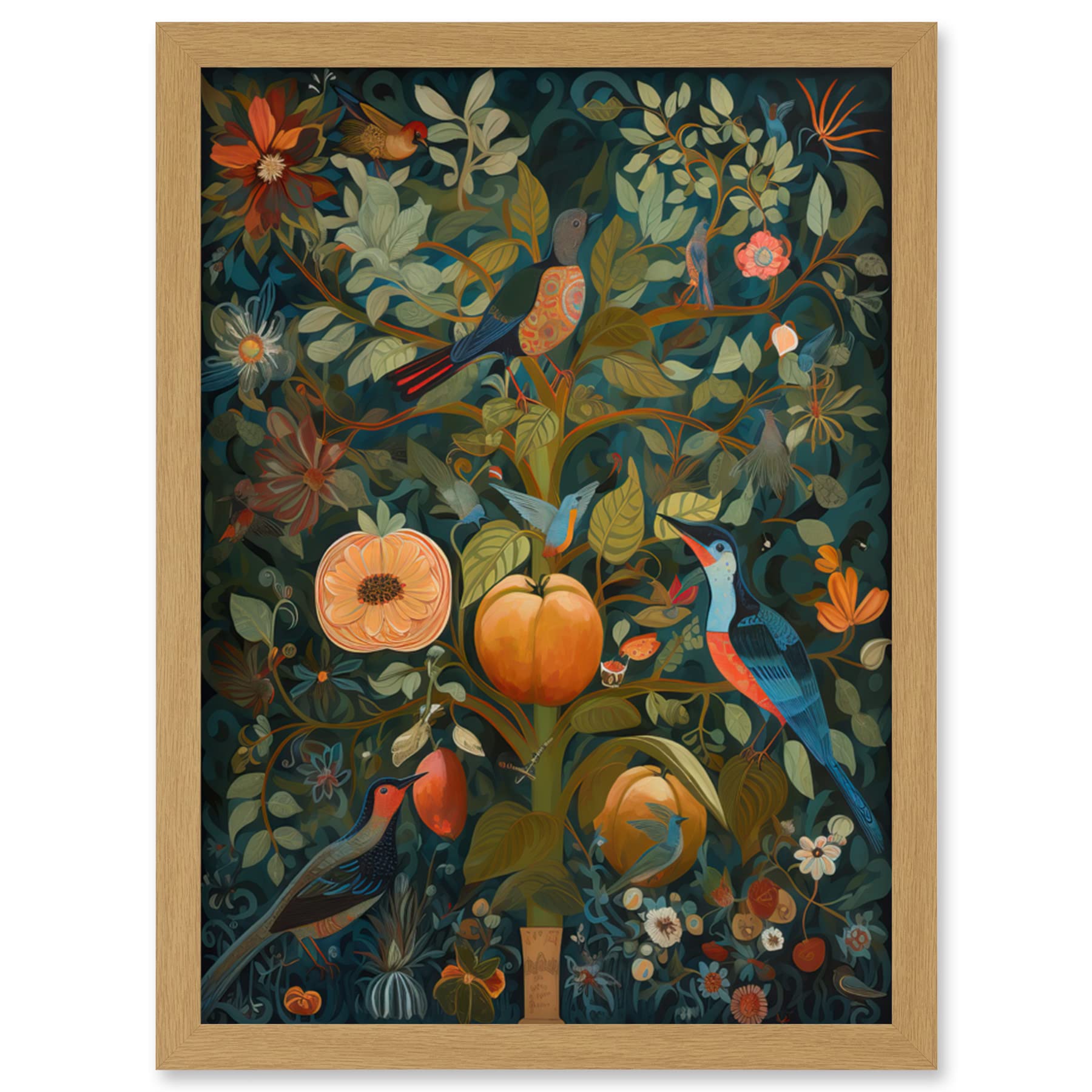Artery8 Birds on Blooming Peach Tree in Modern Folk Art Artwork Framed Wall Art Print A4