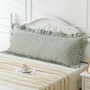 Green/White Plaid Ruffled Body Pillow Sham Washed Cotton Shabby Checkered Gingham Pillow Cover 20"x54"