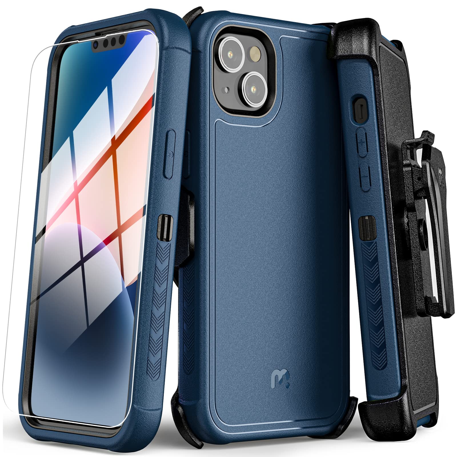 M MYBAT PROShockproof Maverick Series Case for iPhone 14 Case with Belt Clip Holster and Tempered Glass, 6.1 inch,Protective Case with 360° Rotating Kickstand-Blue (RIP14CS3NXS002)