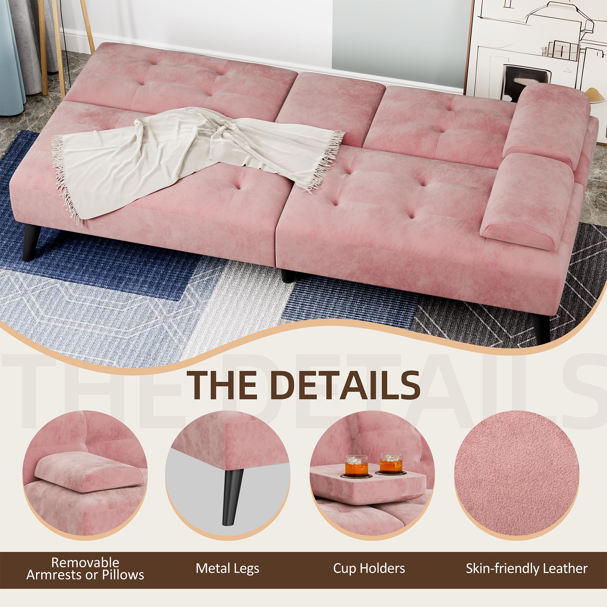 Shintenchi 64" Futon Sofa Bed, Velvet Foldable Couch, Reclining Sleeper with Removable Armrests, Upholstered Loveseat Sofa Couch with Folding Cup Holders for Home, Office, Pink