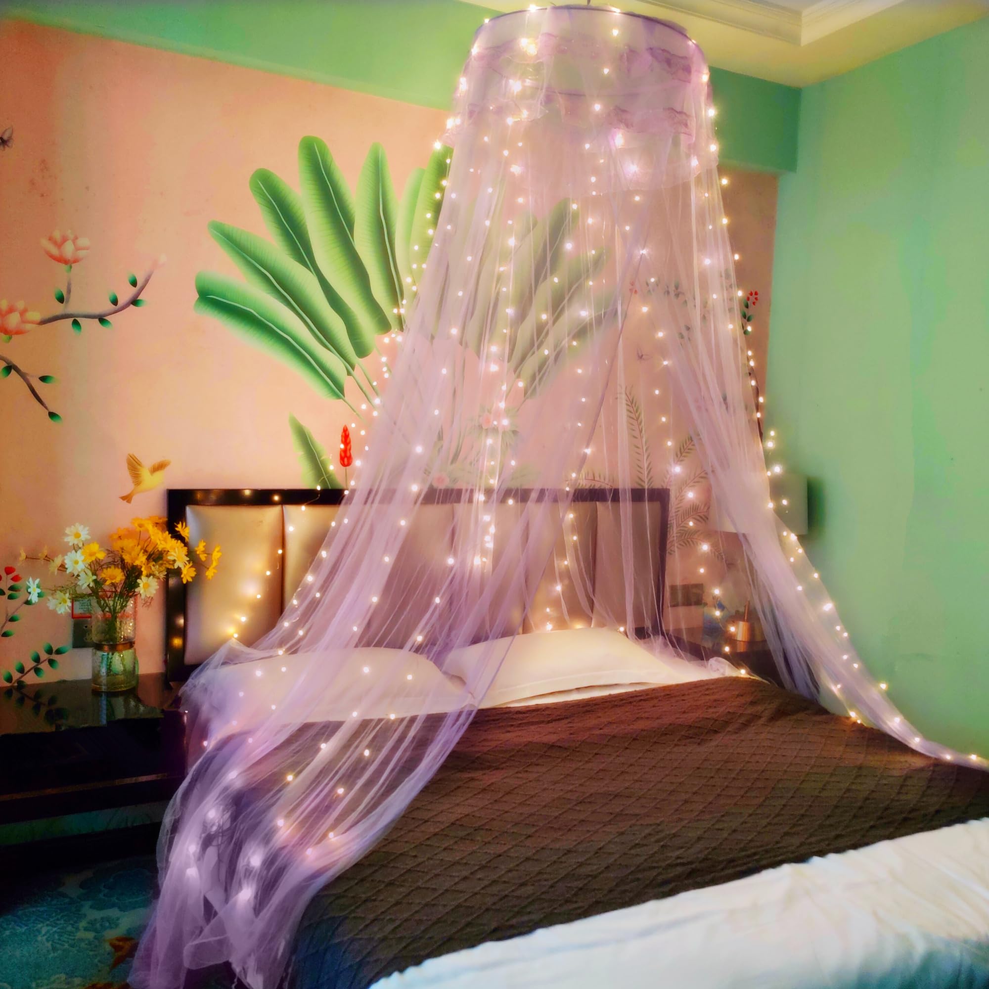 Spitze Betthimmel Moskitonetz mit warmen Lichtern, Prinzessin Betthimmel für Mädchen Zimmerdekoration, Purple/Einzeltür