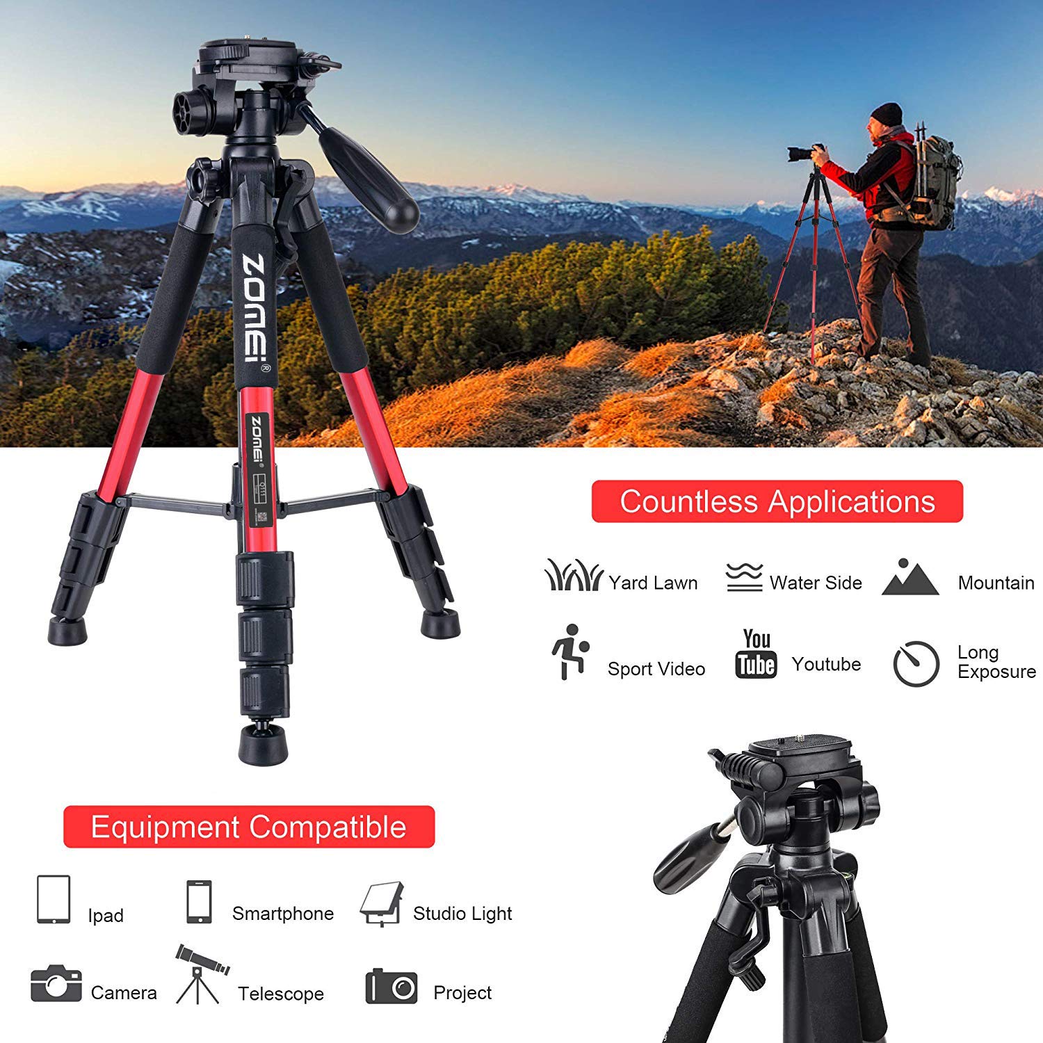 Treppiede Fotocamera, ZOMEI Q111 Treppiede per Cellulare, Treppiede Leggero in Alluminio da 140cm con Testa Pan Girevole a 3 Vie, Supporto per Telefono e Borsa da Transporto - Rosso