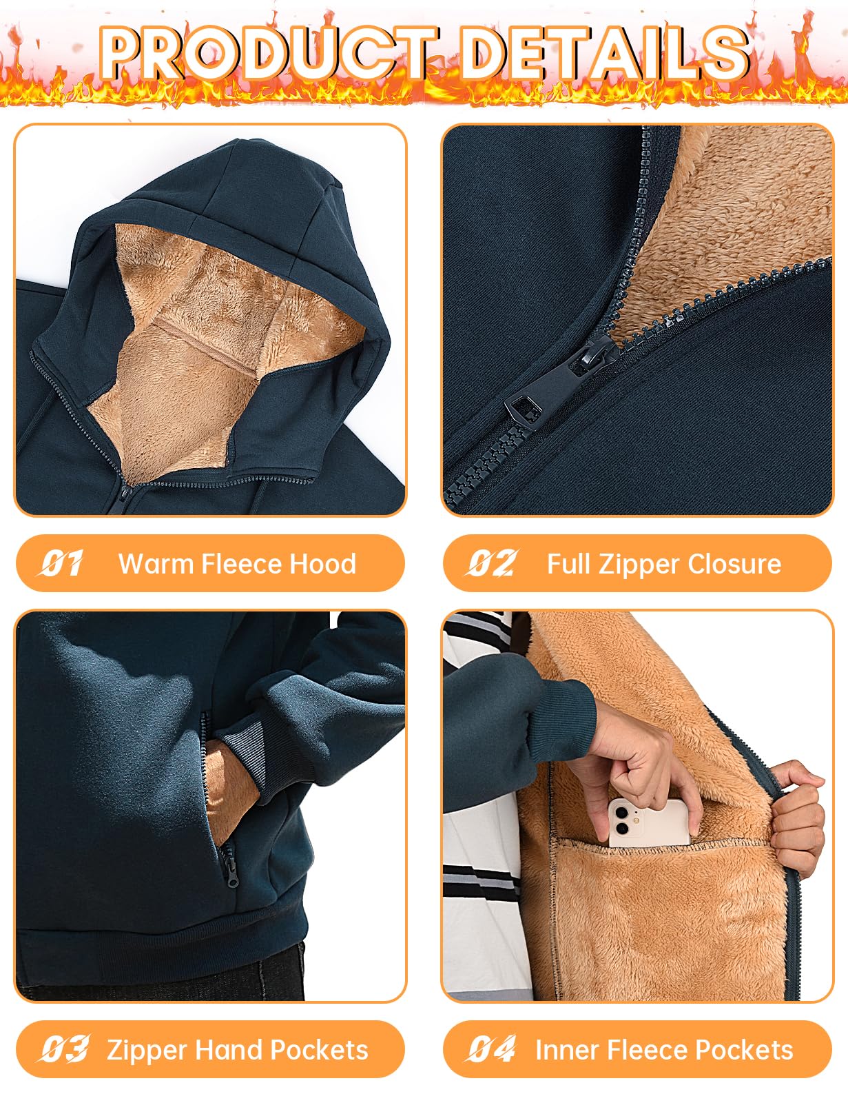 PASUDA Felpa Uomo con Cappuccio Invernale Felpa in Pile con Zip Felpe Giacca Manica Lunga Casual Comoda a Calda Hoodie Cappotto con Tasche Inverno