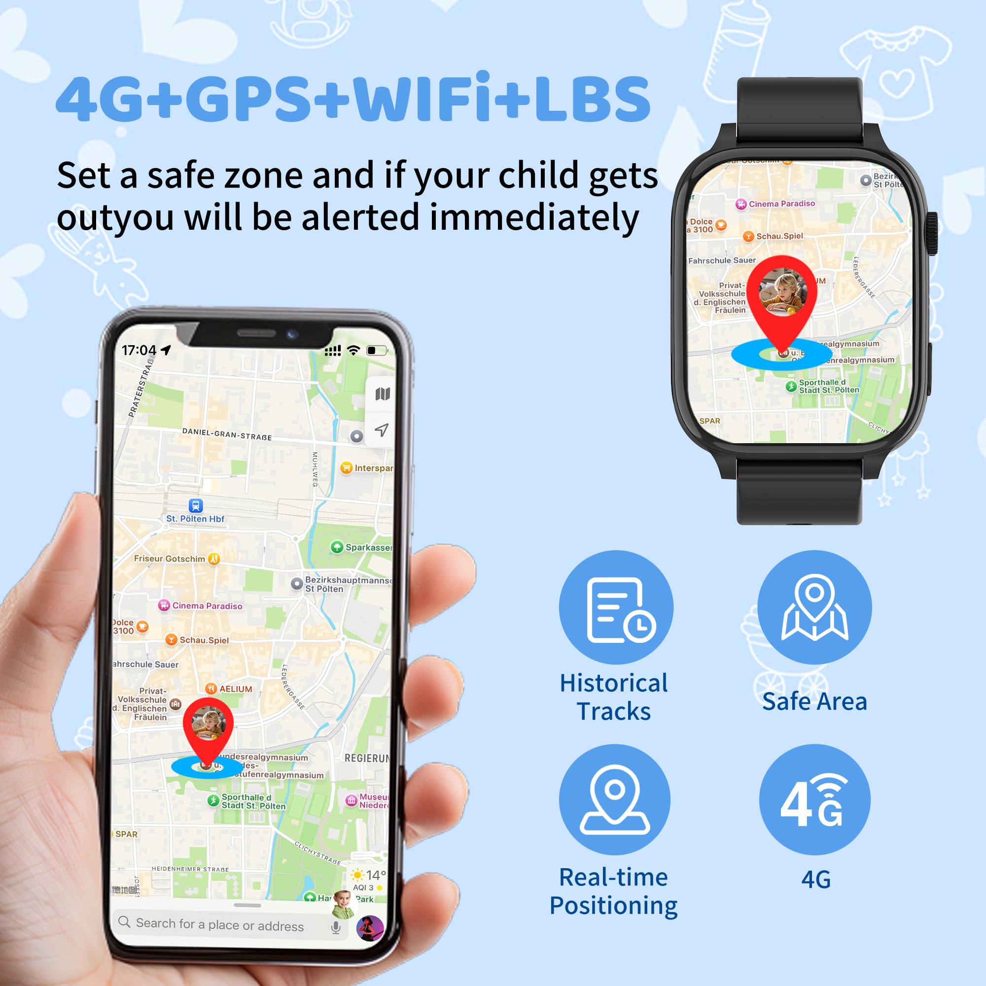 4G Smartwatch Bambini, orologio smartwatch bambini con Videochiamate, Chiamate, SOS, GPS localizzazione, modalità scuola, SMS, IP68 Impermeabile, 7 Giochi, Allarme ottimo regalo per bambina 5-14 anni