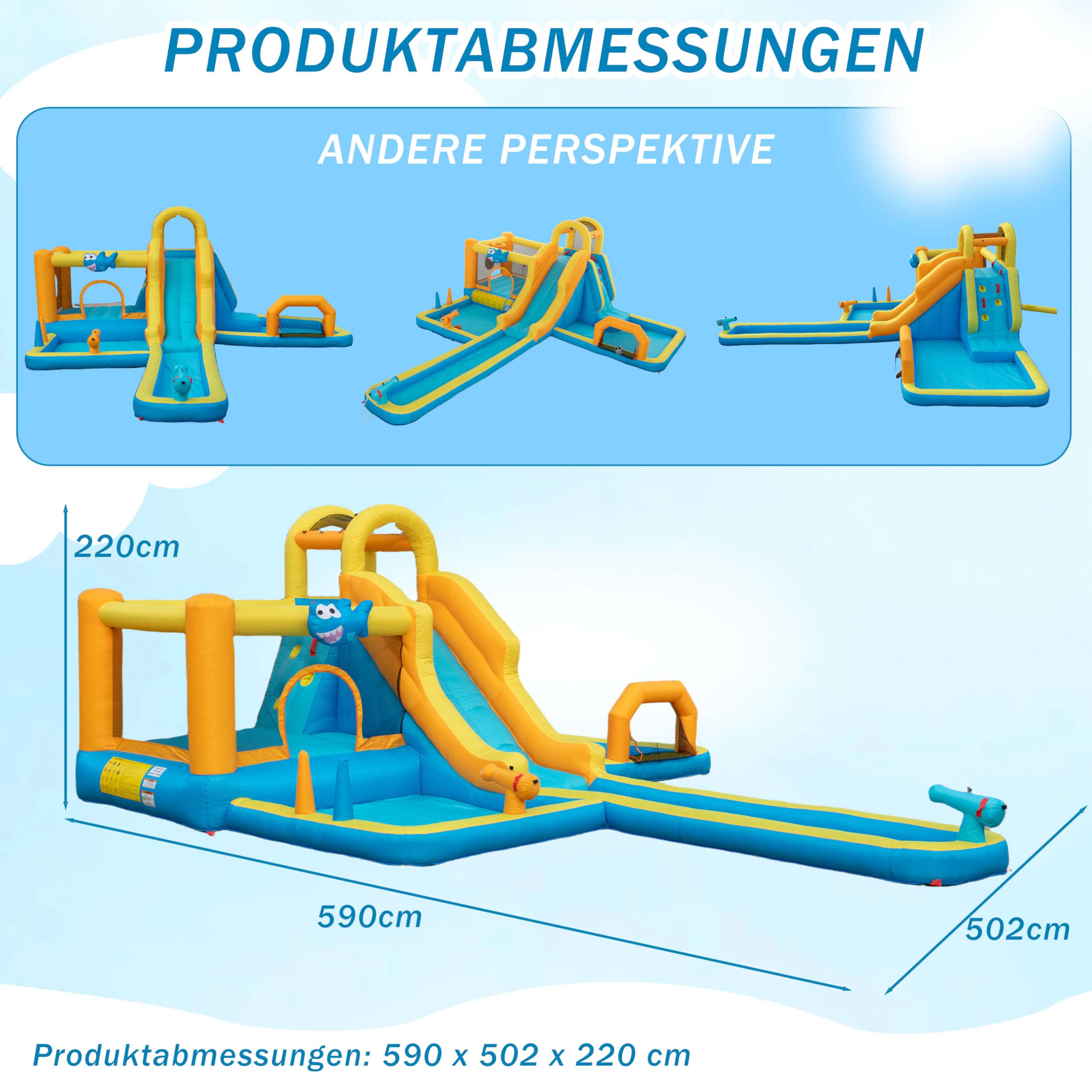 UEV Aufblasbarer 9-in-1 Hüpfburg XXL mit Gebläse, Kletterwand, Springen, Wasserpistole, Ballspielplatz, Extra Lange aufblasbare Rutsche, for Indoor & Outdoor, EN71-1/2/3, 590x502x220cm