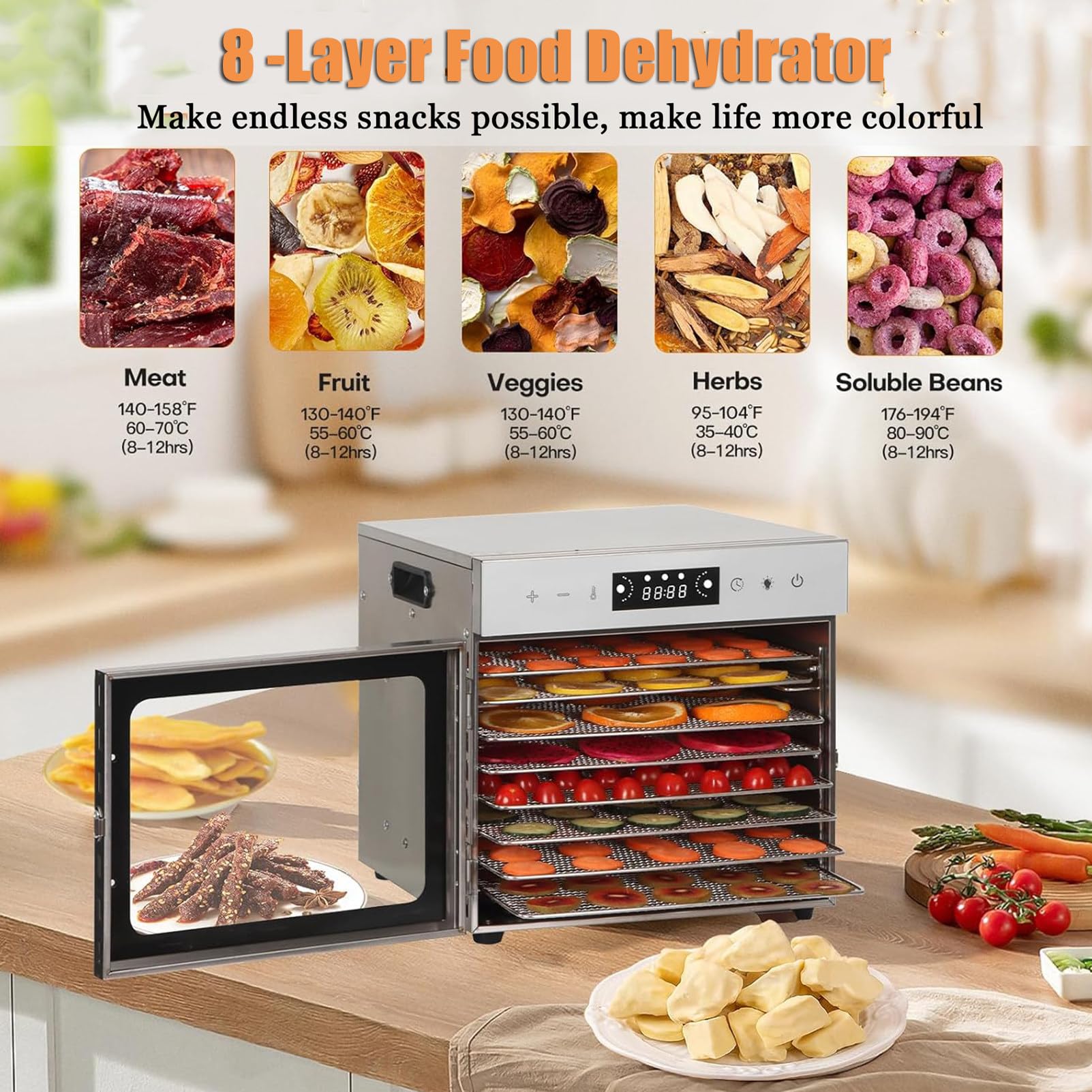 Essiccatore Per Alimenti, Essiccatore Per Carne Secca In Acciaio Inox A 6/8/12/18 Vassoi Per Uso Domestico, Armadio Di Essiccazione Per Carne, Frutta Ed Erbe Aromatiche,8-Tray