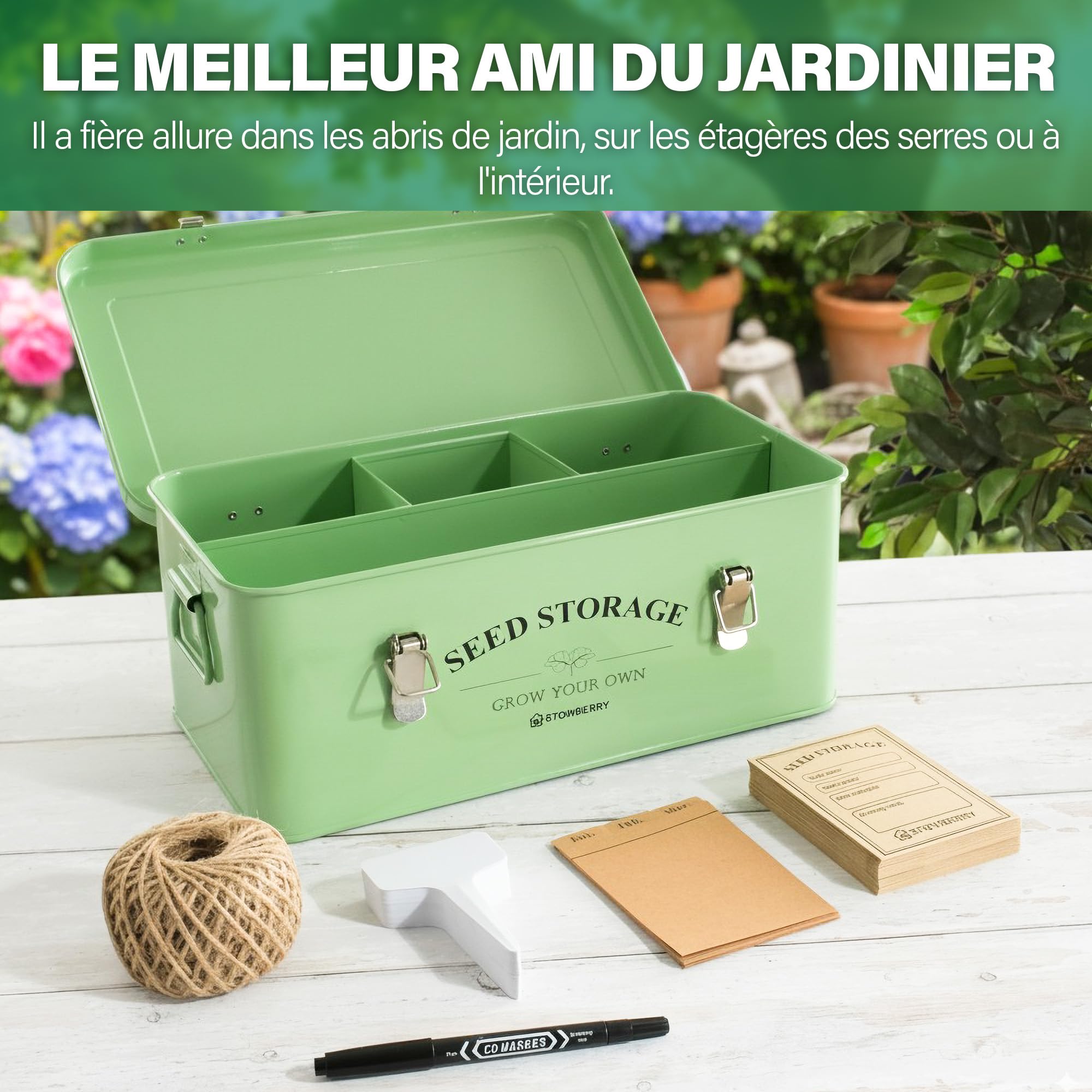Boîte de Rangement pour Graines – Boîte à Graines Verte avec Couvercle, Poignées, 4 Compartiments – Boîte à Graines pour Jardiniers, Idée Cadeau avec Plus de 100 Accessoires