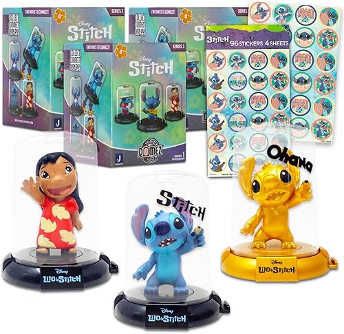 Disney Lilo & Stitch - Caja ciega de recuerdos de fiesta, paquete de 3 unidades, paquete con 3 figuras y calcomanías de Mystery Domez de puntadas,