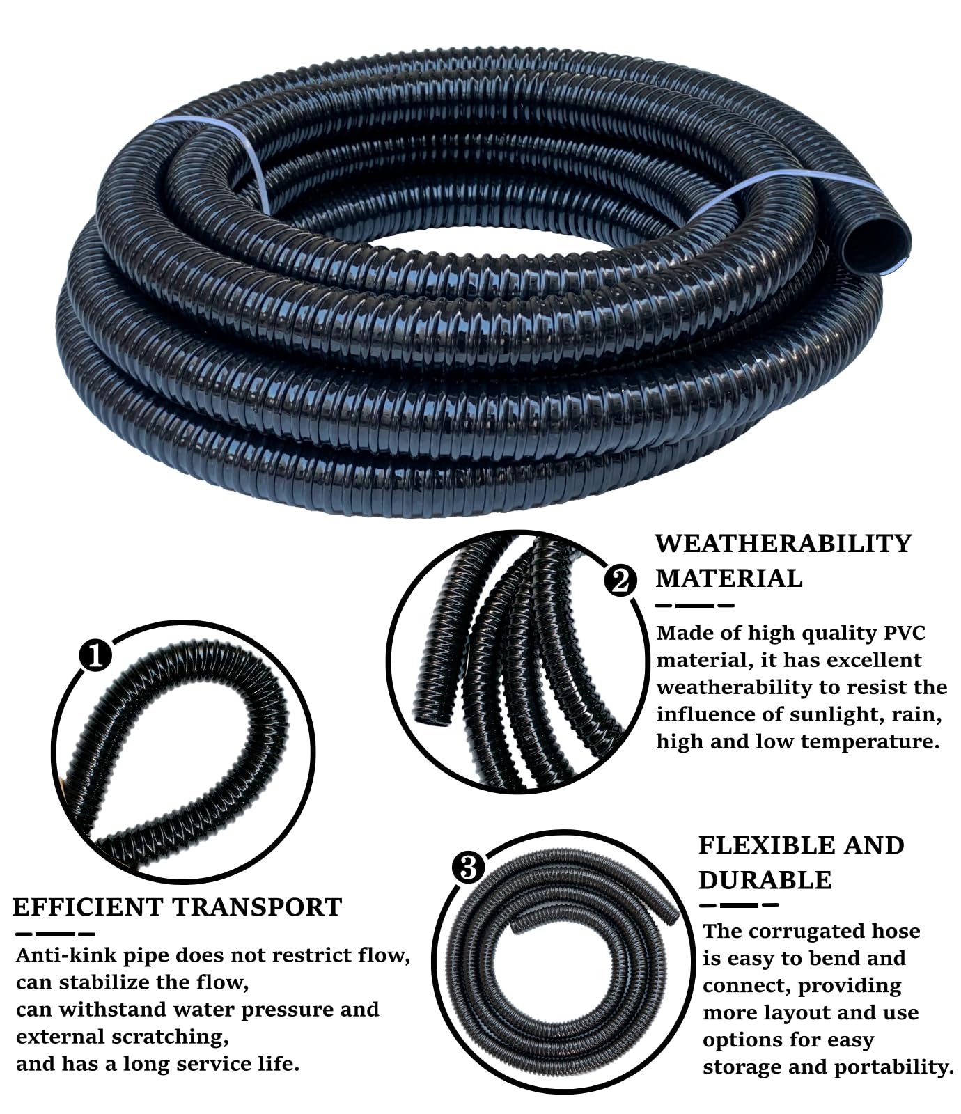 PEISONGFEI Pond Tubing 1 inch Id Black Plastic Corrugated Water Hose