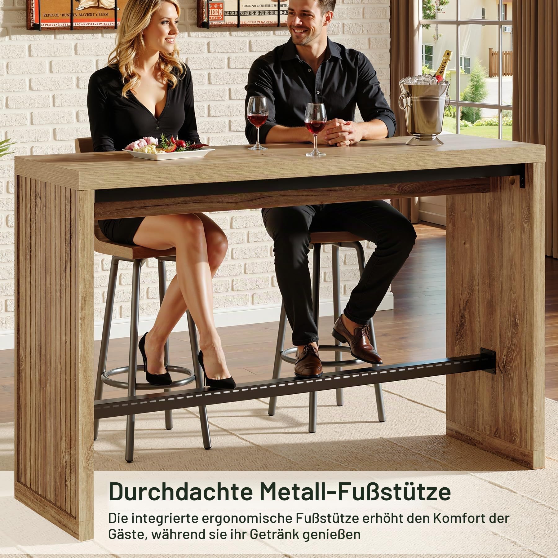 Tribesigns Bartisch, 140 cm Thekenhöhe, Kneipentisch mit Metall-Fußstütze, Rechteckig, Hohe Theke, Esszimmermöbel für Zuhause, Bar, Küche, Esszimmer, Bistro, Wohnzimmer, Rustikales Braun