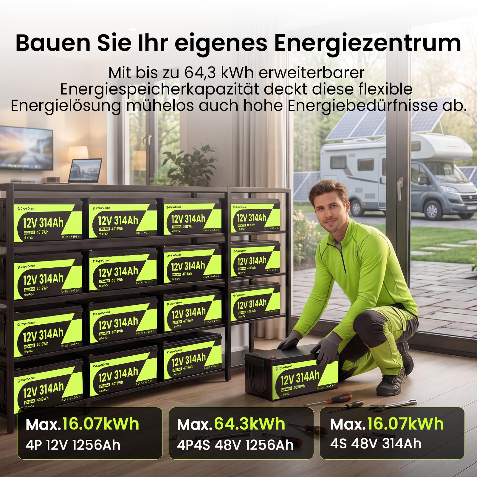 LiFePO4 Batterie 12V 314Ah,4019Wh Lithium Batterie 12V mit 200A BMS Low-Temp Schutz und Max. 15000 Zyklens, Autobatterie für Wohnmobil,Solaranlage Komplettset,Boot