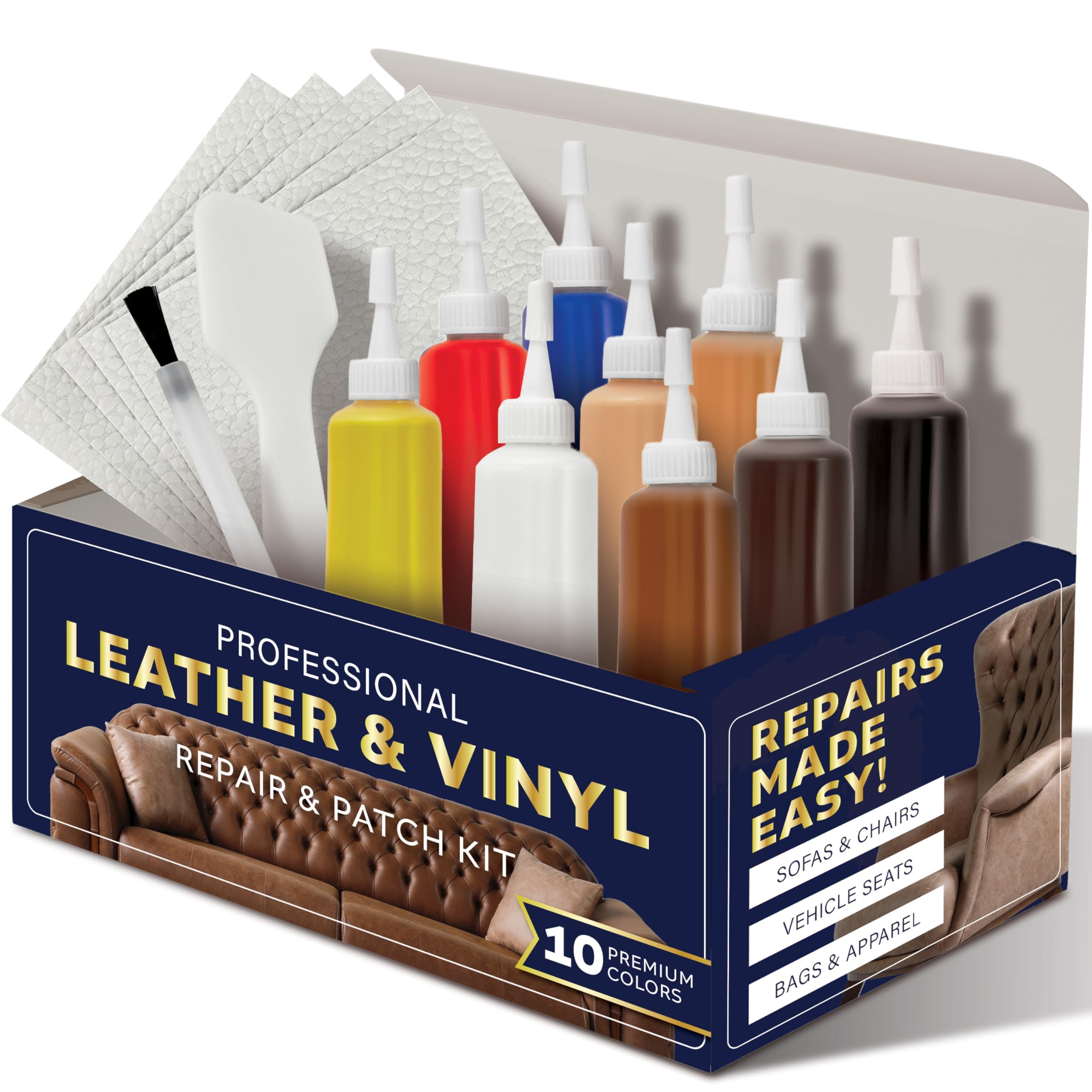 Leather Repair Kit- Easy Instructions, Matching Pallet & 10 Tubes of Repair Paste- for Tears, Burns & Scratches- Vinyl/Faux & Leather Repair Kit for