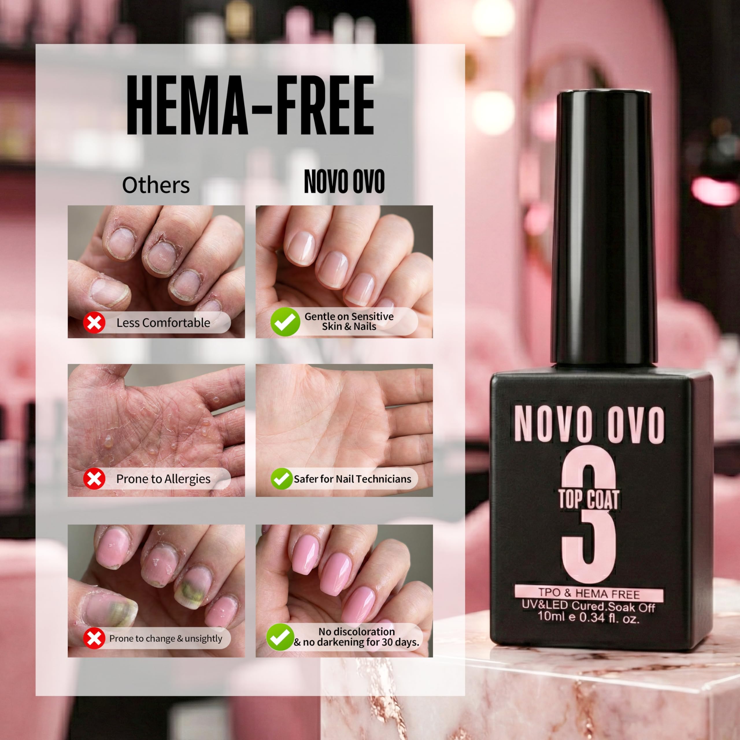 NOVO OVO UV klej do paznokci i żel budujący 2 w 1, zestaw bez potrzeby wycierania, top coat do wstępnie przyciętych francuskich końcówek, HEMA TPO FREE, ekstra mocne trzymanie do akrylowych paznokci