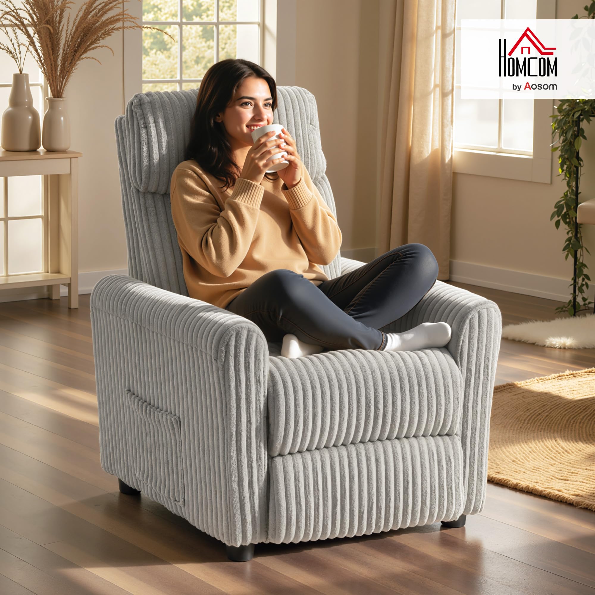 HOMCOM Sillón Relax Reclinable, Sillón Reclinable Manual, Tapizado en Pana, Instalación Rápida, Reposapiés, Acolchado Grueso, para Salón, Dormitorio, Oficina, Gris Claro