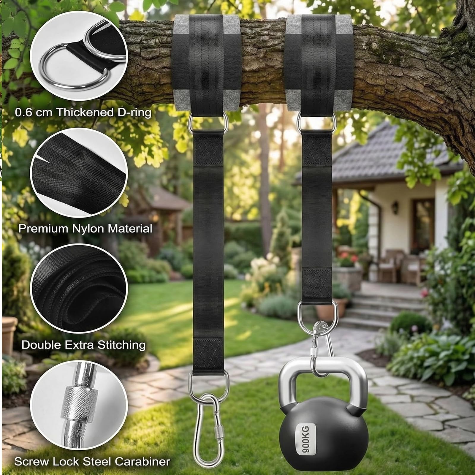Kit di Montaggio per Altalene e Amache 900 kg Set Completo da 2 Pezzi con Cinghie da 150 cm, Anelli a D, Moschettoni, Protezioni per Alberi e Sacca di Trasporto Uso Universale per Giardino ed Esterni