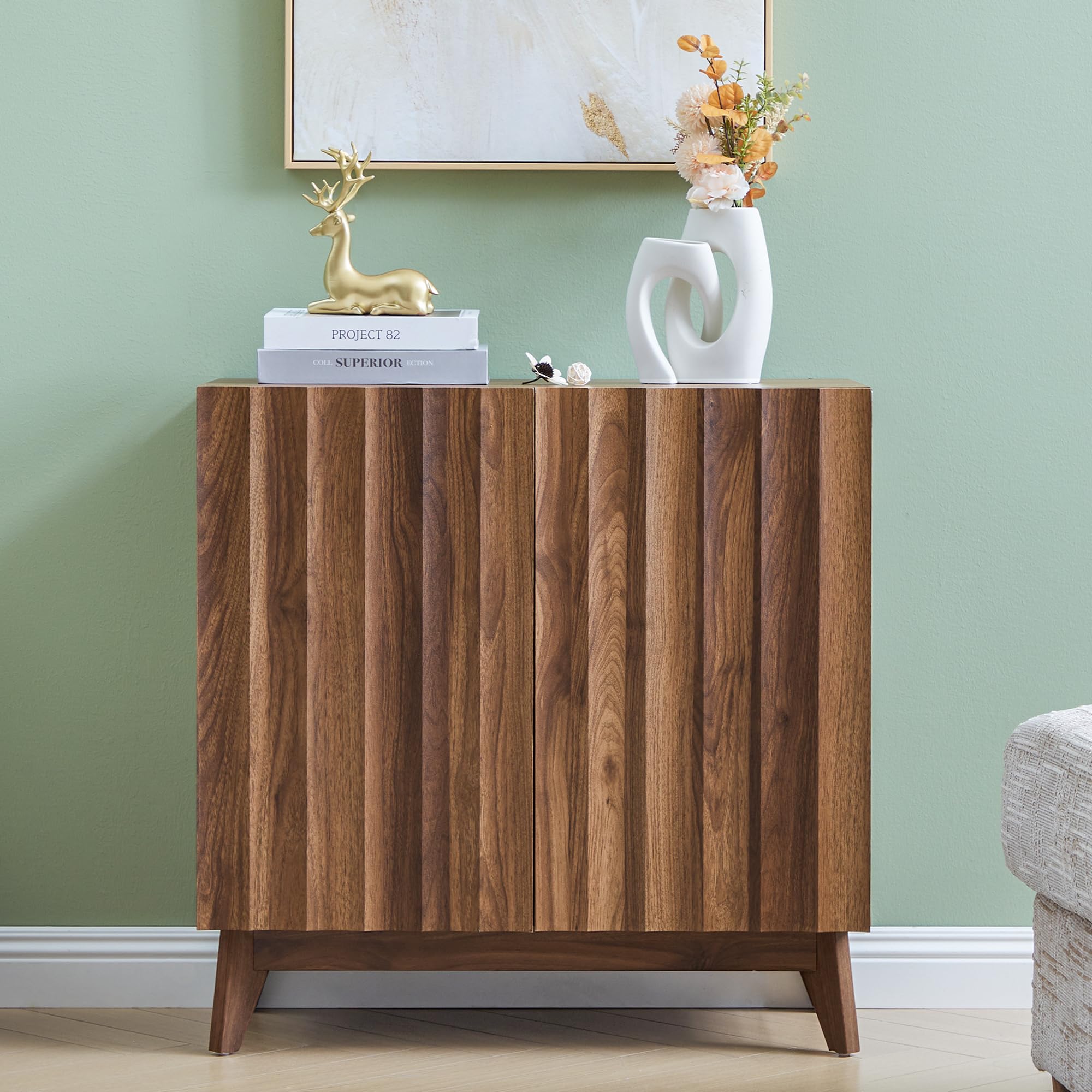 Bifins Sideboard Buffet Cabinet with Storage, 30.7" Mid Century Modern Fluted Storage Cabinet with Doors & Adjustable Shelves for Living Room,Kitchen,