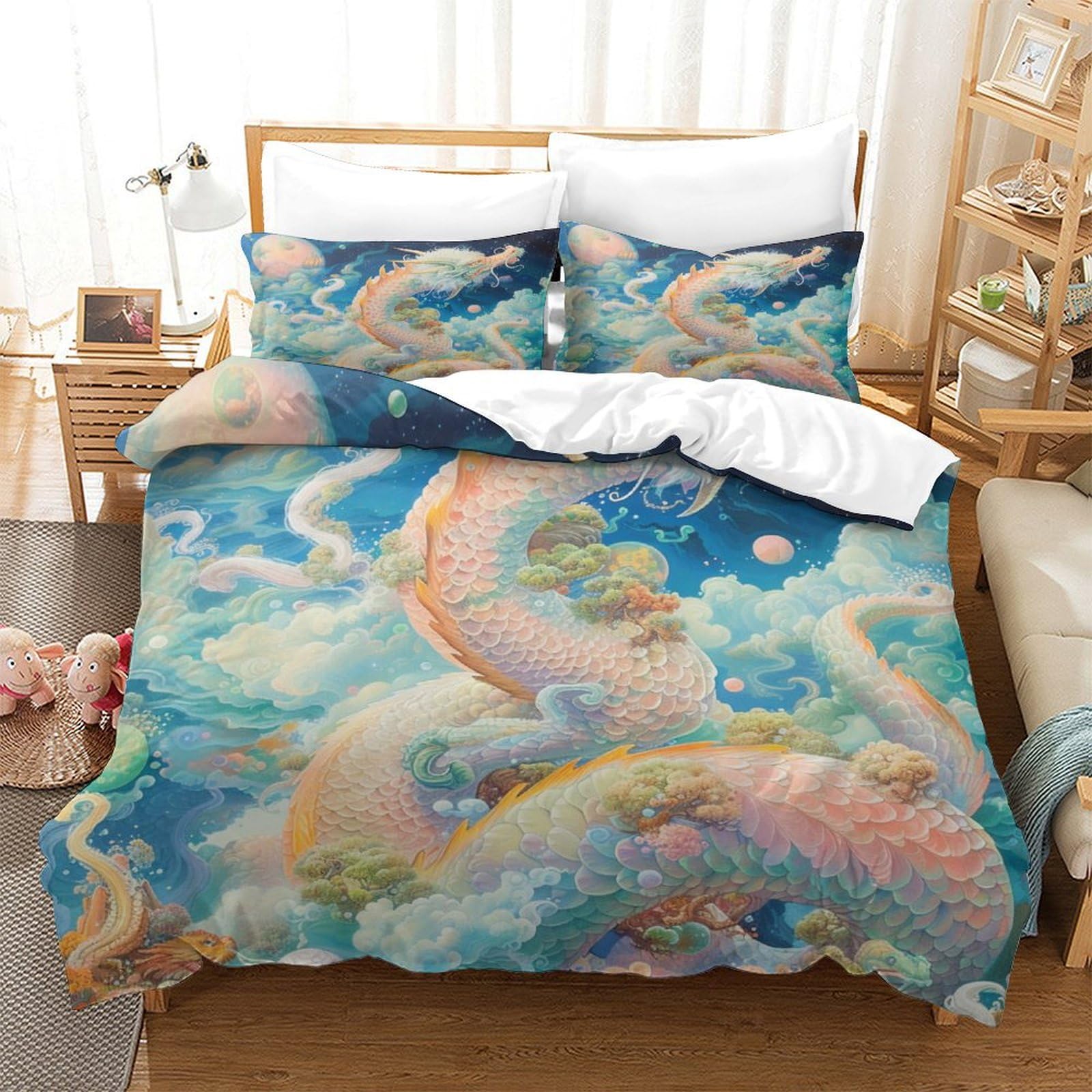 Stampato in 3D Loong cinese Copertina Stampata Microfibra Disegnata Biancheria Da Letto Ipoallergenico Set 3 Pezzi,Double（200x200cm）, Per Ragazzi Adulti