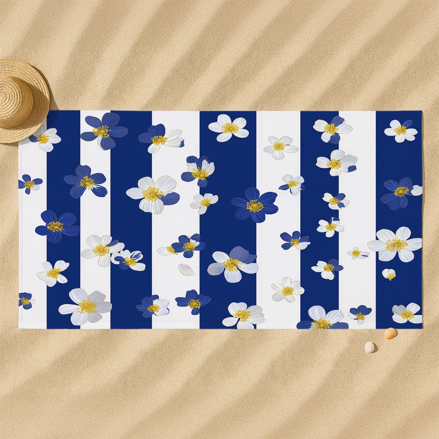 Générique Serviette de Plage Microfibre 230 x 210 CM,Drap de Plage Français, Nautique, Élégant, Couverture de Plage Absorbante,Couverture de Bain Rayures, Fleurs
